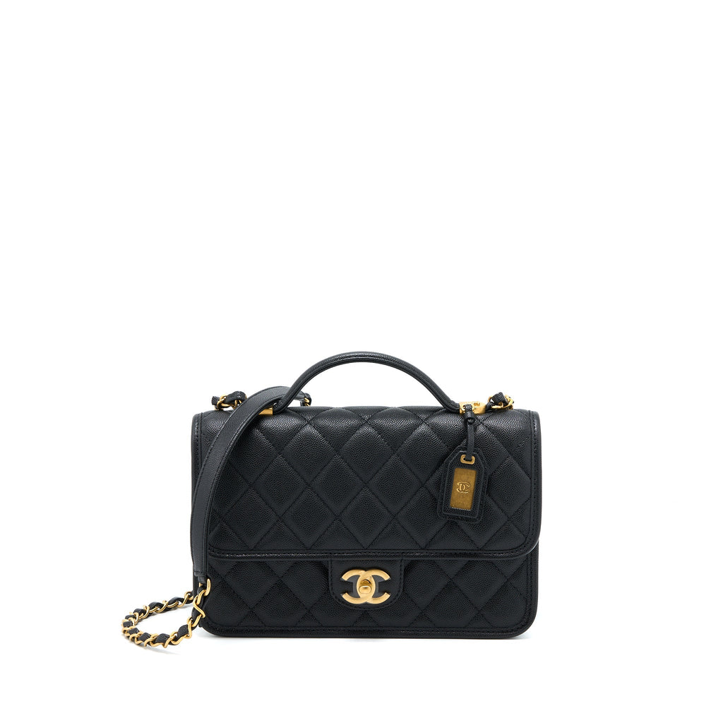 CHANEL 22K TOP HANDLE MESSENGER BAG CAVIAR BLACK BRUSHED GHW (MICROCHIP)