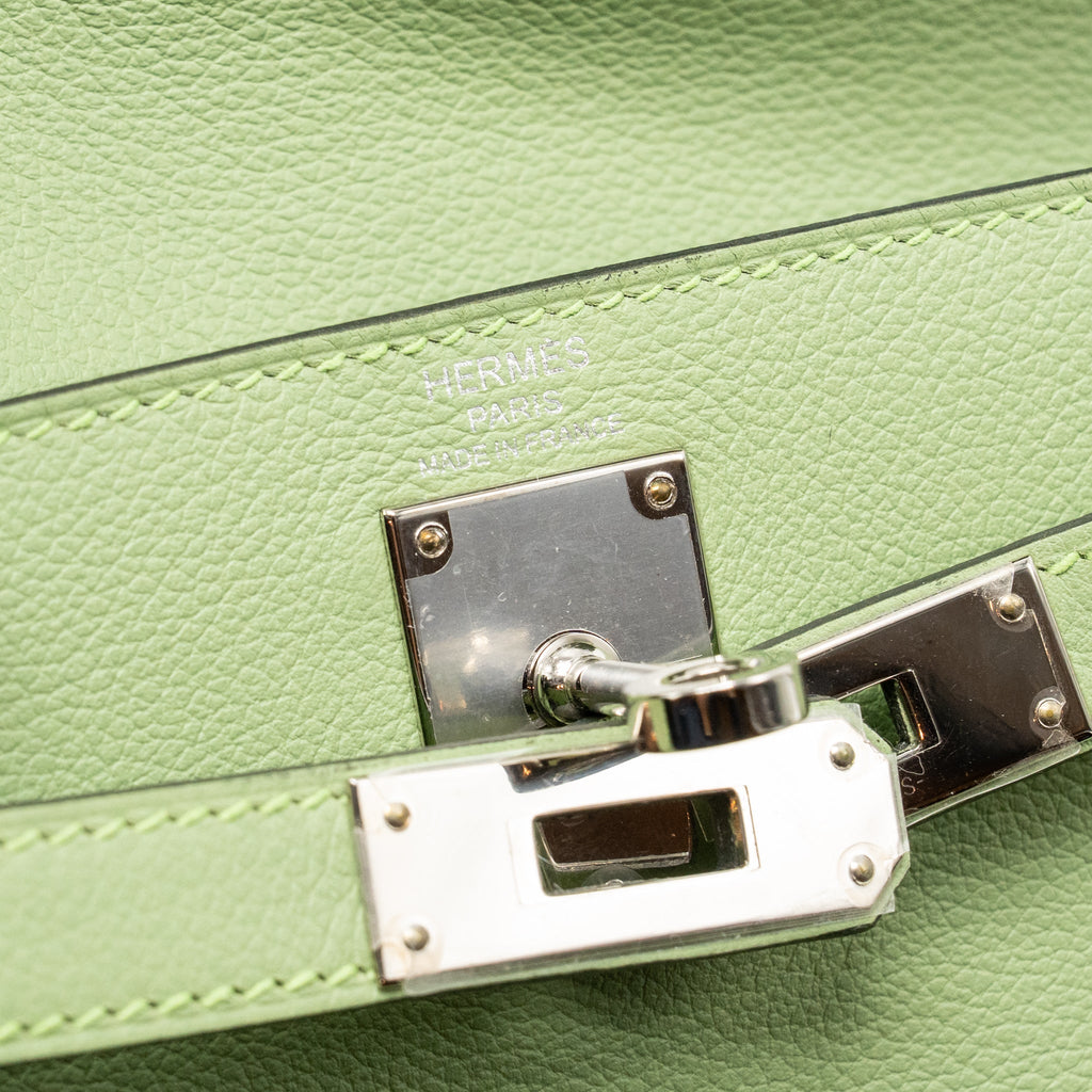HERMES KELLY ADO BACKPACK EVERCOLOR VERT CRIQUET / GRIS PEARL SHW