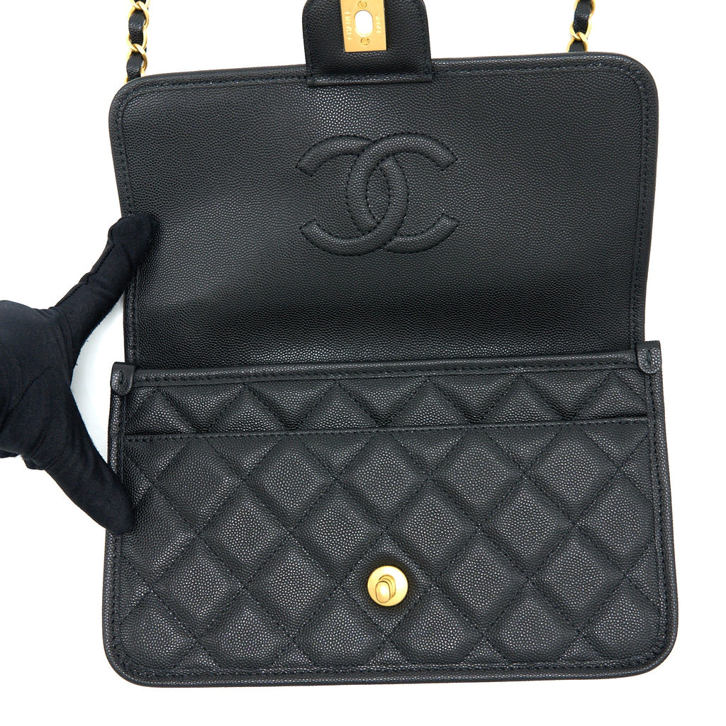 CHANEL 22K TOP HANDLE MESSENGER BAG CAVIAR BLACK BRUSHED GHW (MICROCHIP)