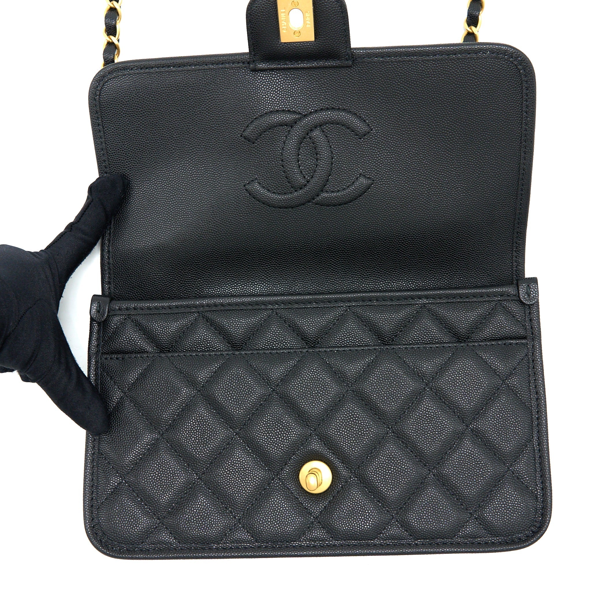 CHANEL 22K TOP HANDLE MESSENGER BAG CAVIAR BLACK BRUSHED GHW (MICROCHIP)
