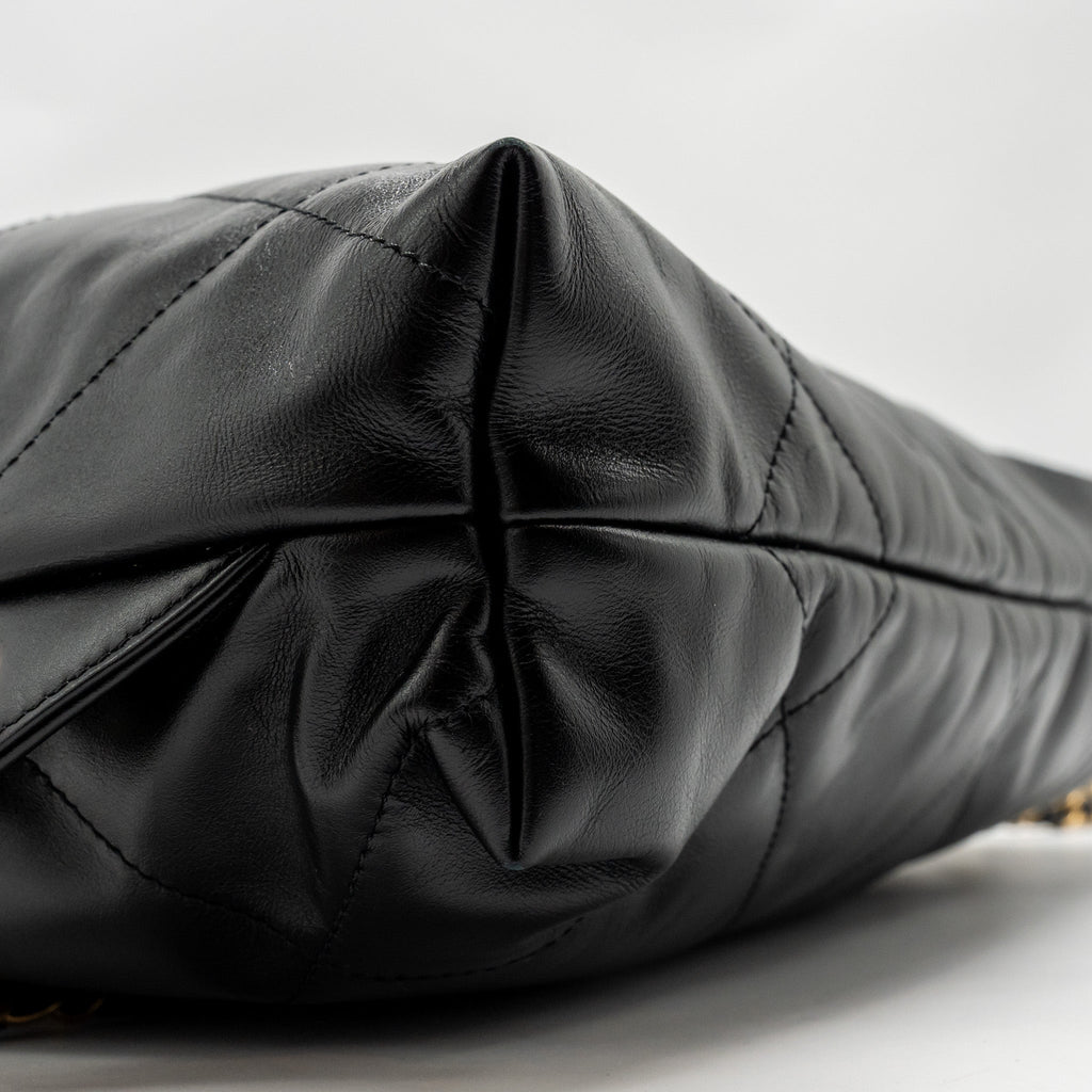 CHANEL LARGE 22 BACKPACK GOLD LETTER LOGO SHINY CALFSKIN BLACK GHW(MICROCHIP)