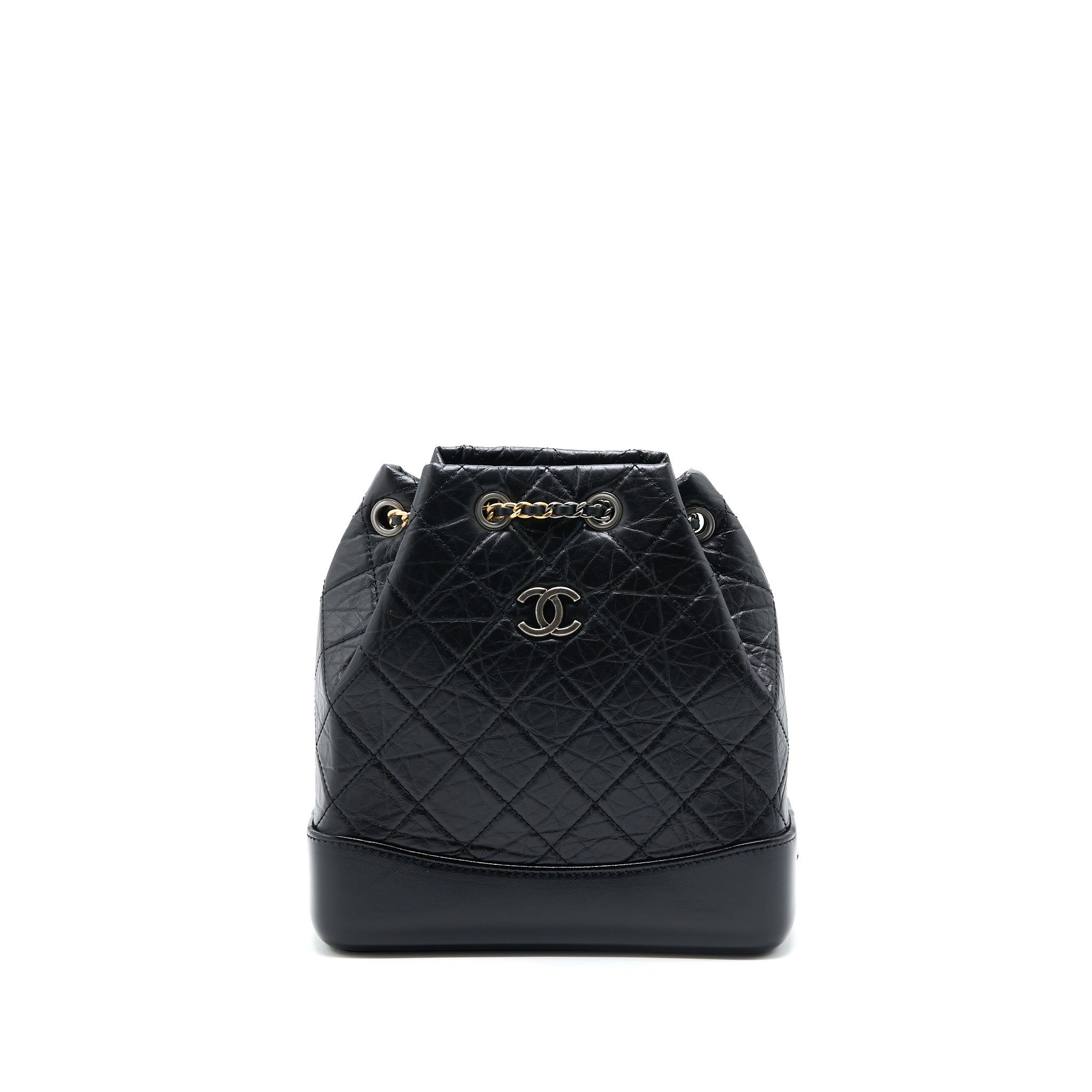 CHANEL SMALL GABRIELLE BACKPACK AGED CALFSKIN BLACK MULTICOLOUR HARDWARE (MICROCHIP)