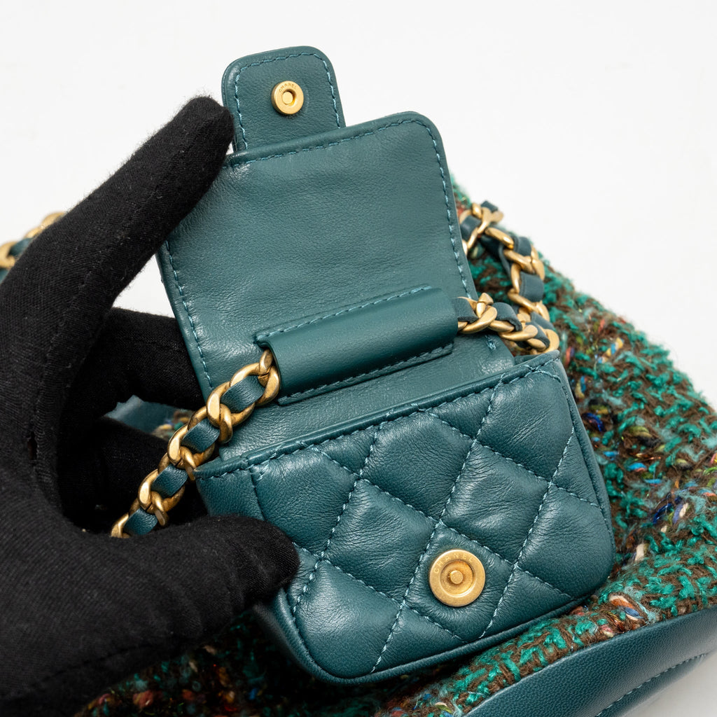 CHANEL BUCKET BACKPACK WITH CASE TWEED/LAMBSKIN DARK GREEN/MULTICOLOUR GHW (MICROCHIP)
