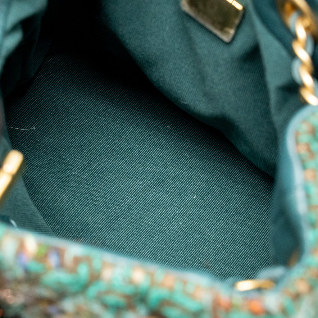 CHANEL BUCKET BACKPACK WITH CASE TWEED/LAMBSKIN DARK GREEN/MULTICOLOUR GHW (MICROCHIP)