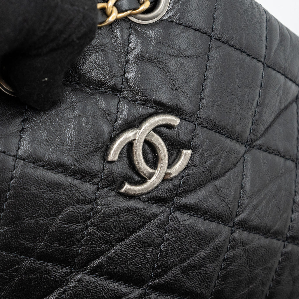 CHANEL SMALL GABRIELLE BACKPACK AGED CALFSKIN BLACK RUTHENIUM HARDWARE (MICROCHIP)