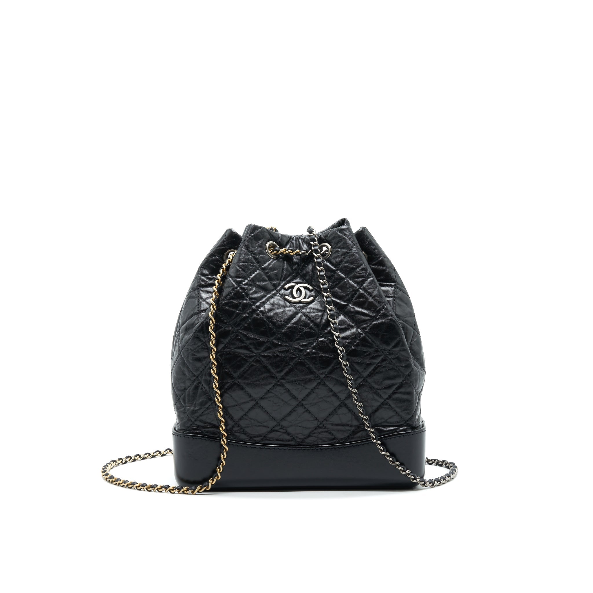 CHANEL GABRIELLE BACKPACK AGED CALFSKIN/ SMOOTH CALFSKIN BLACK RUTHENIUM HARDWARE