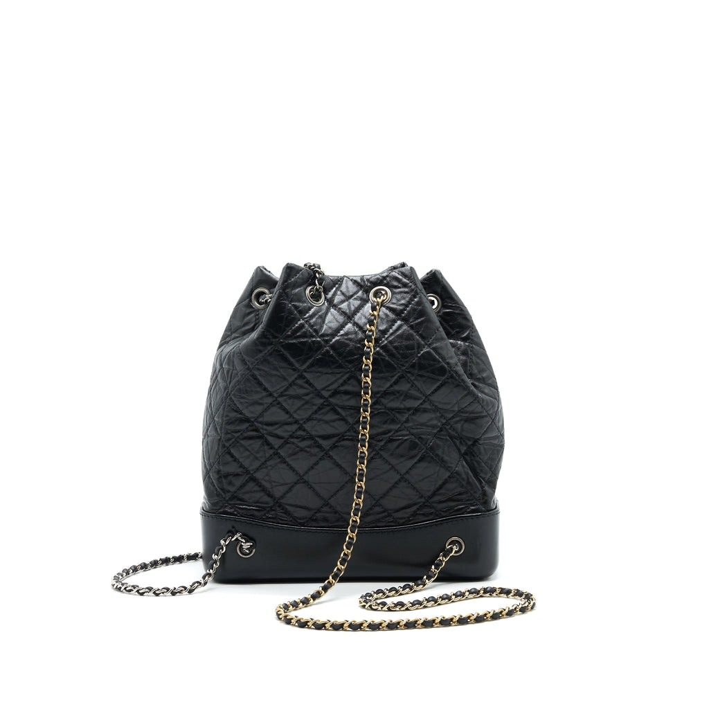 CHANEL GABRIELLE BACKPACK AGED CALFSKIN/ SMOOTH CALFSKIN BLACK RUTHENIUM HARDWARE