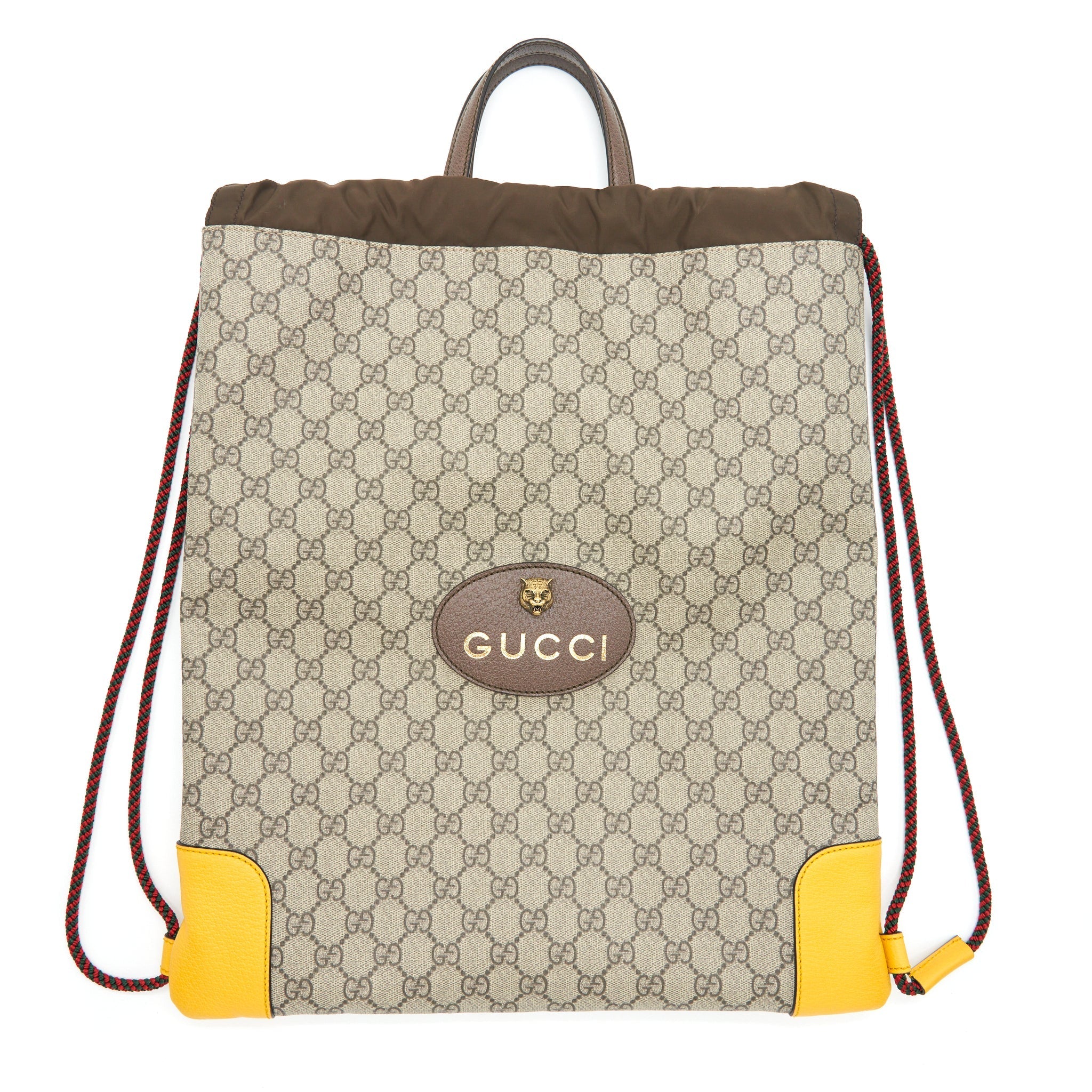 GUCCI DRAWSTRING BACKPACK GG SUPREME BEIGE/YELLOW GHW