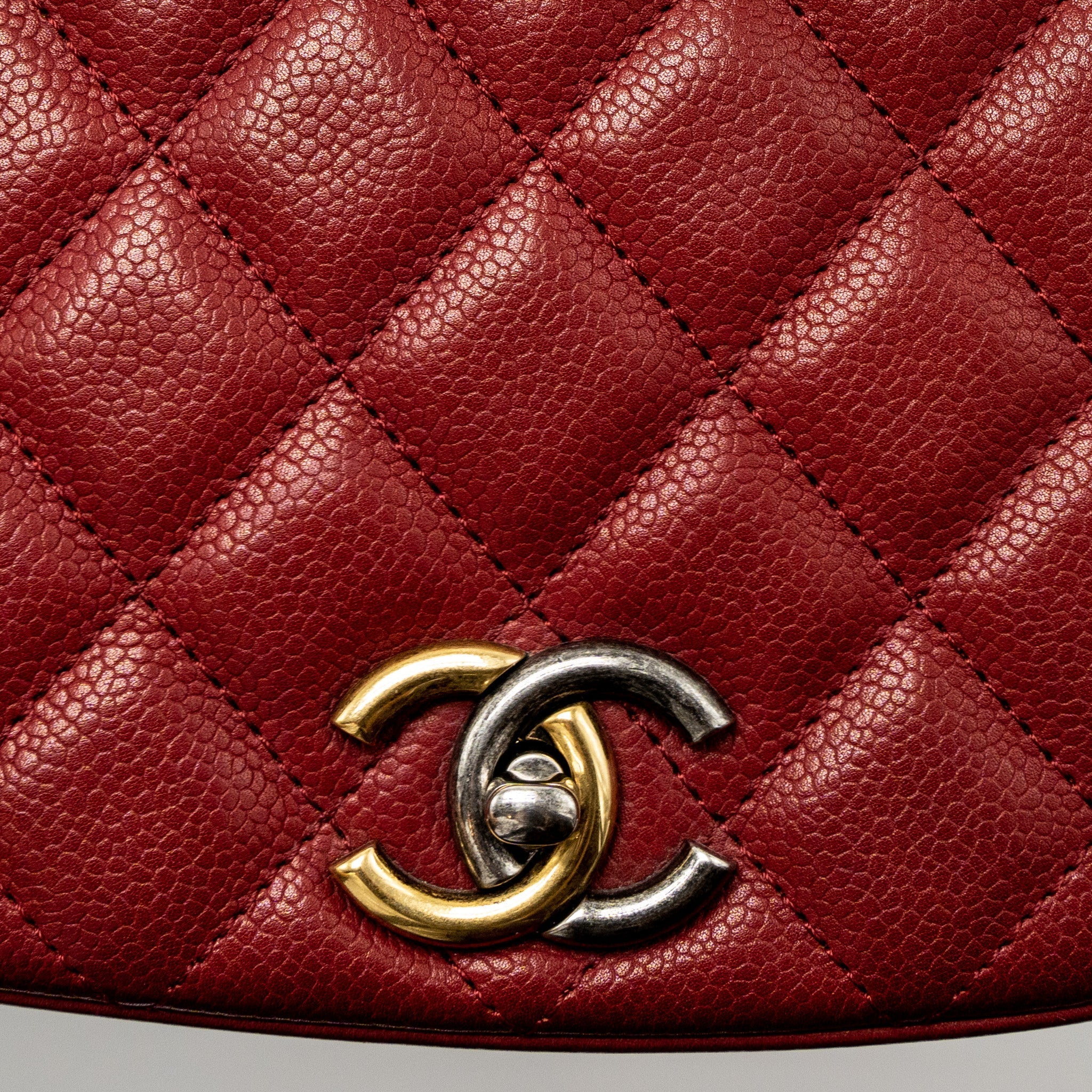 CHANEL ROUND CROSSBODY MESSENGER BAG CAVIAR RED BRUSHED GOLD/RUTHENIUM SILVER HARDWARE