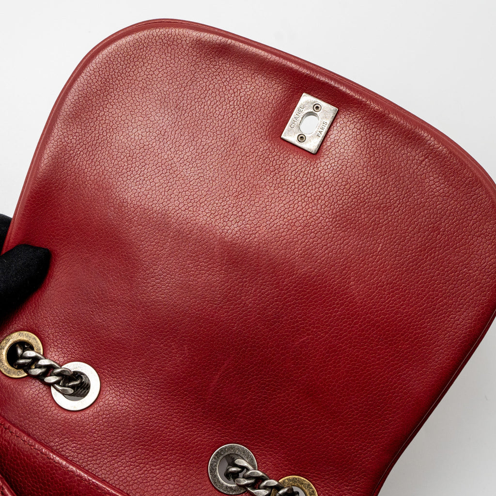 CHANEL ROUND CROSSBODY MESSENGER BAG CAVIAR RED BRUSHED GOLD/RUTHENIUM SILVER HARDWARE