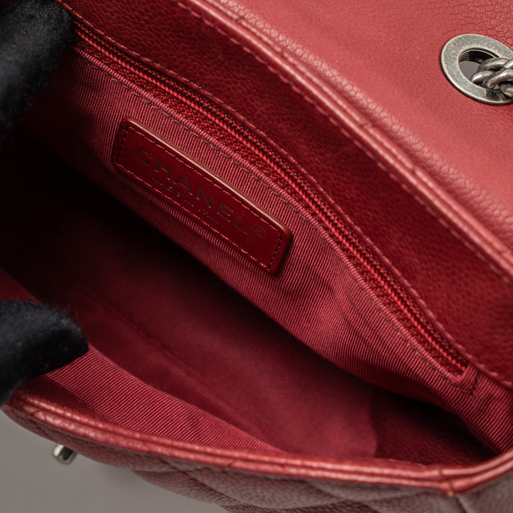 CHANEL ROUND CROSSBODY MESSENGER BAG CAVIAR RED BRUSHED GOLD/RUTHENIUM SILVER HARDWARE