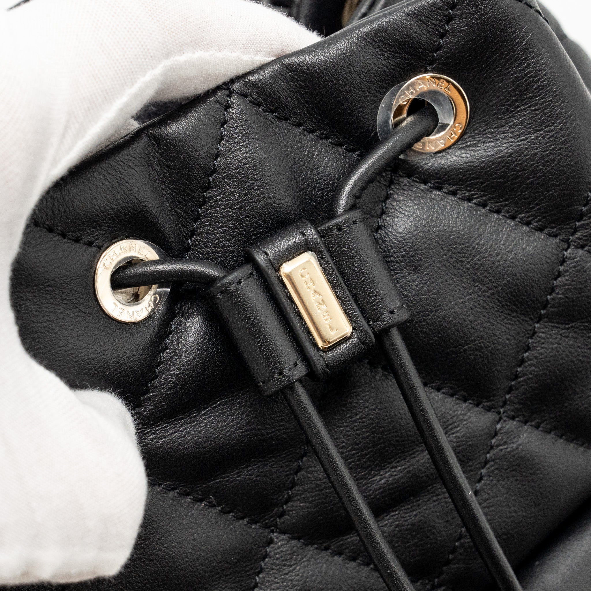 CHANEL DRAWSTRING TWO POCKETS BACKPACK CALFSKIN BLACK LGHW (MICROCHIP)