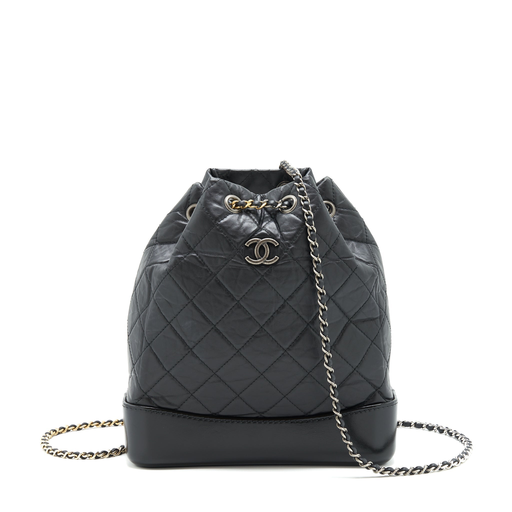 CHANEL GABRIELLE BACKPACK MEDIUM QUILTED CALFSKIN BLACK GOLD/SLIVER HW