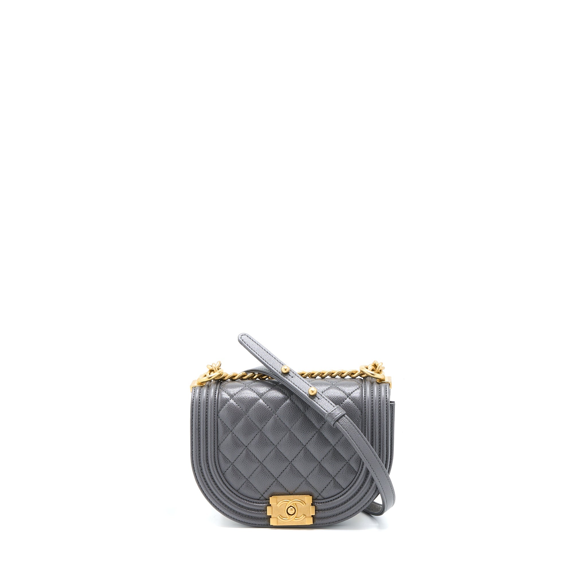 CHANEL 22A BOY MESSENGER BAG CAVIAR GREY GHW (MICROCHIP)