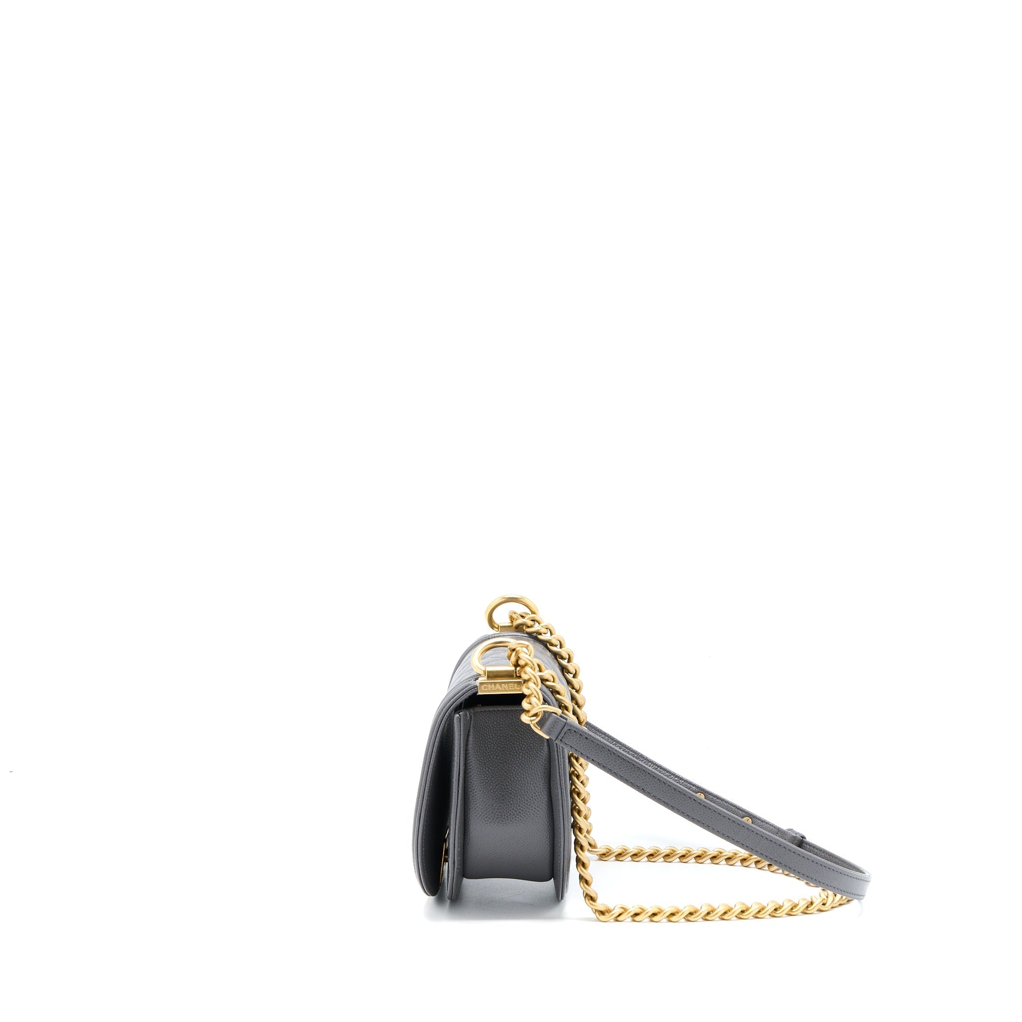 CHANEL 22A BOY MESSENGER BAG CAVIAR GREY GHW (MICROCHIP)