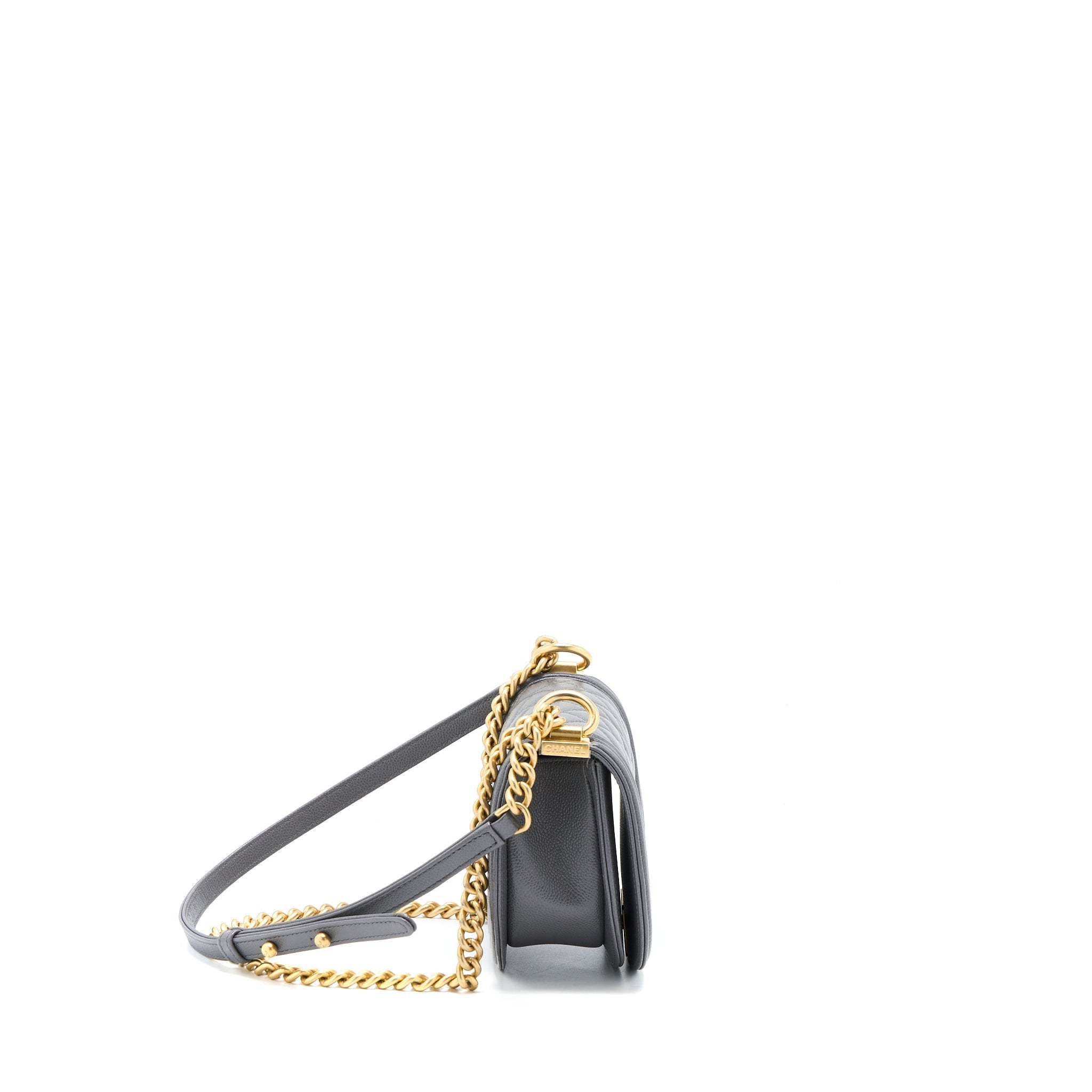 CHANEL 22A BOY MESSENGER BAG CAVIAR GREY GHW (MICROCHIP)