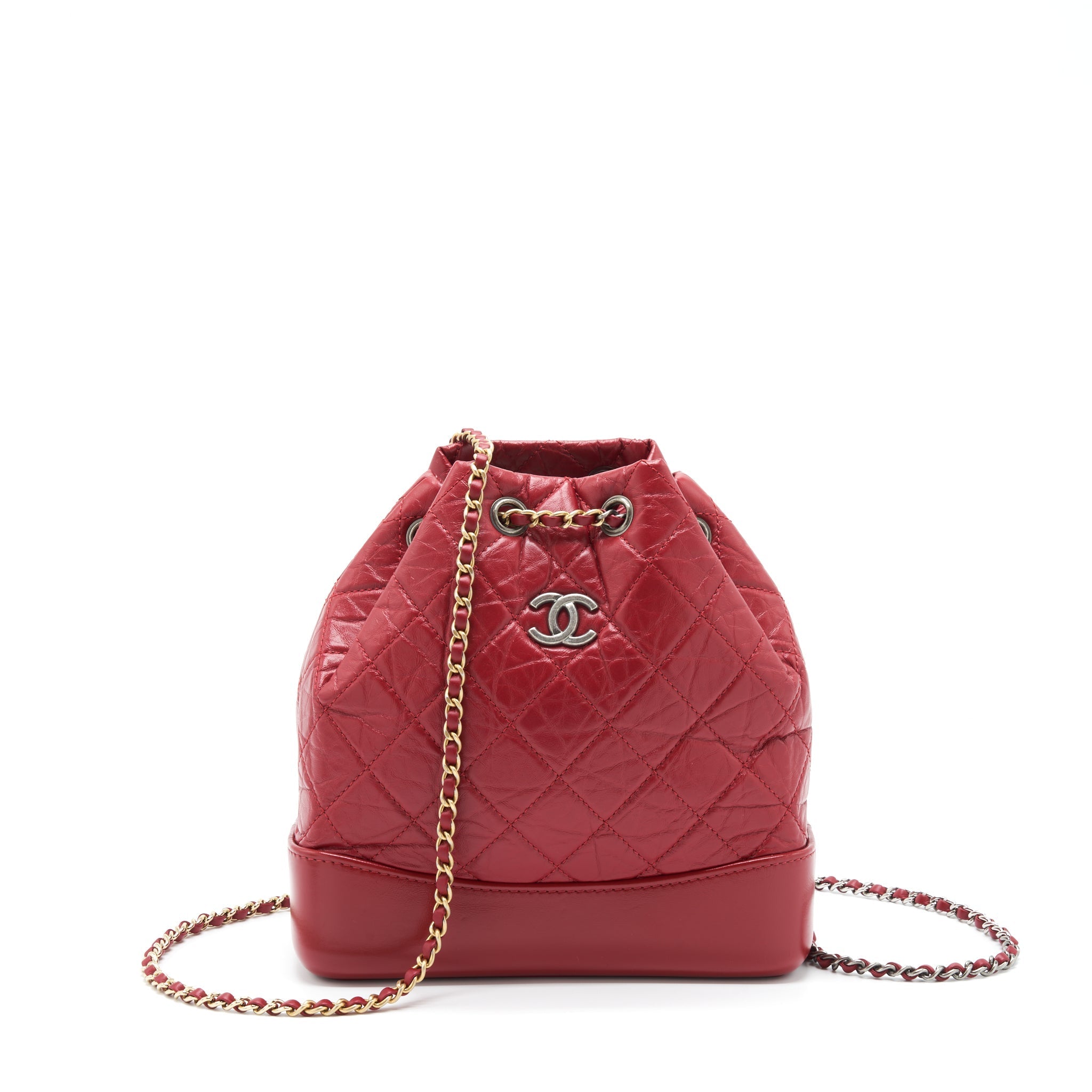 CHANEL SMALL GABRIELLE BACKPACK AGED CALFSKIN RED WITH RUTHENIUM GOLD/SLIVER HARDWARE