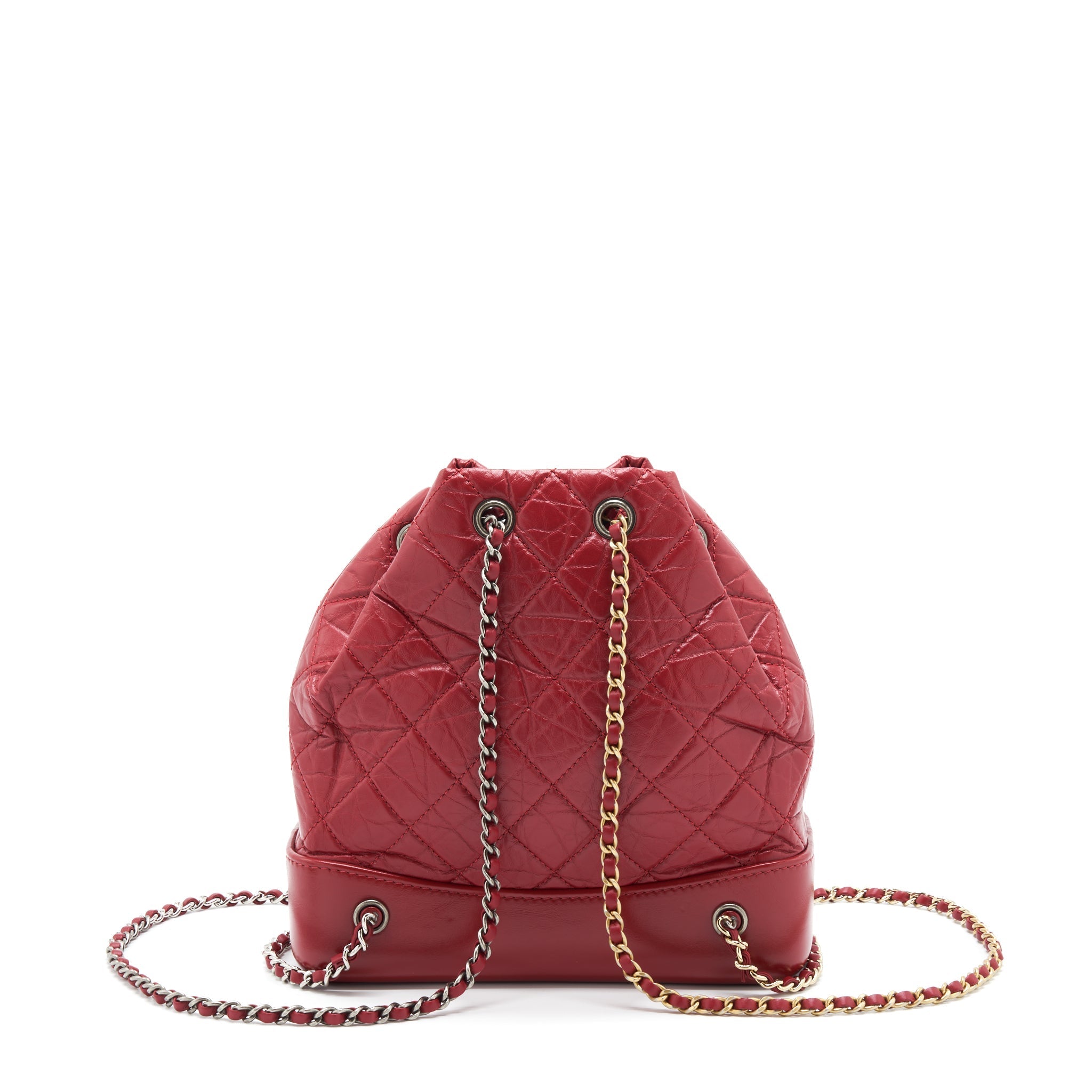 CHANEL SMALL GABRIELLE BACKPACK AGED CALFSKIN RED WITH RUTHENIUM GOLD/SLIVER HARDWARE