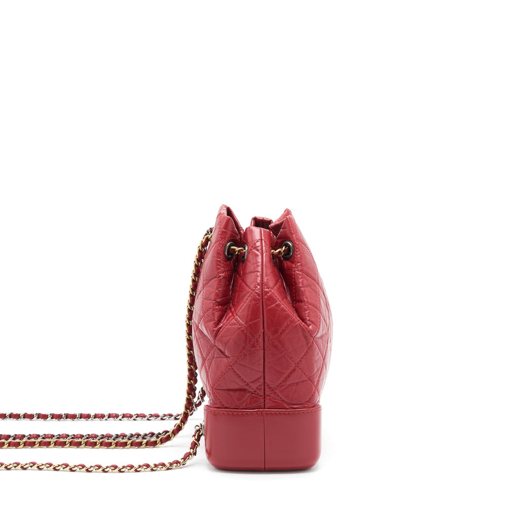 CHANEL SMALL GABRIELLE BACKPACK AGED CALFSKIN RED WITH RUTHENIUM GOLD/SLIVER HARDWARE