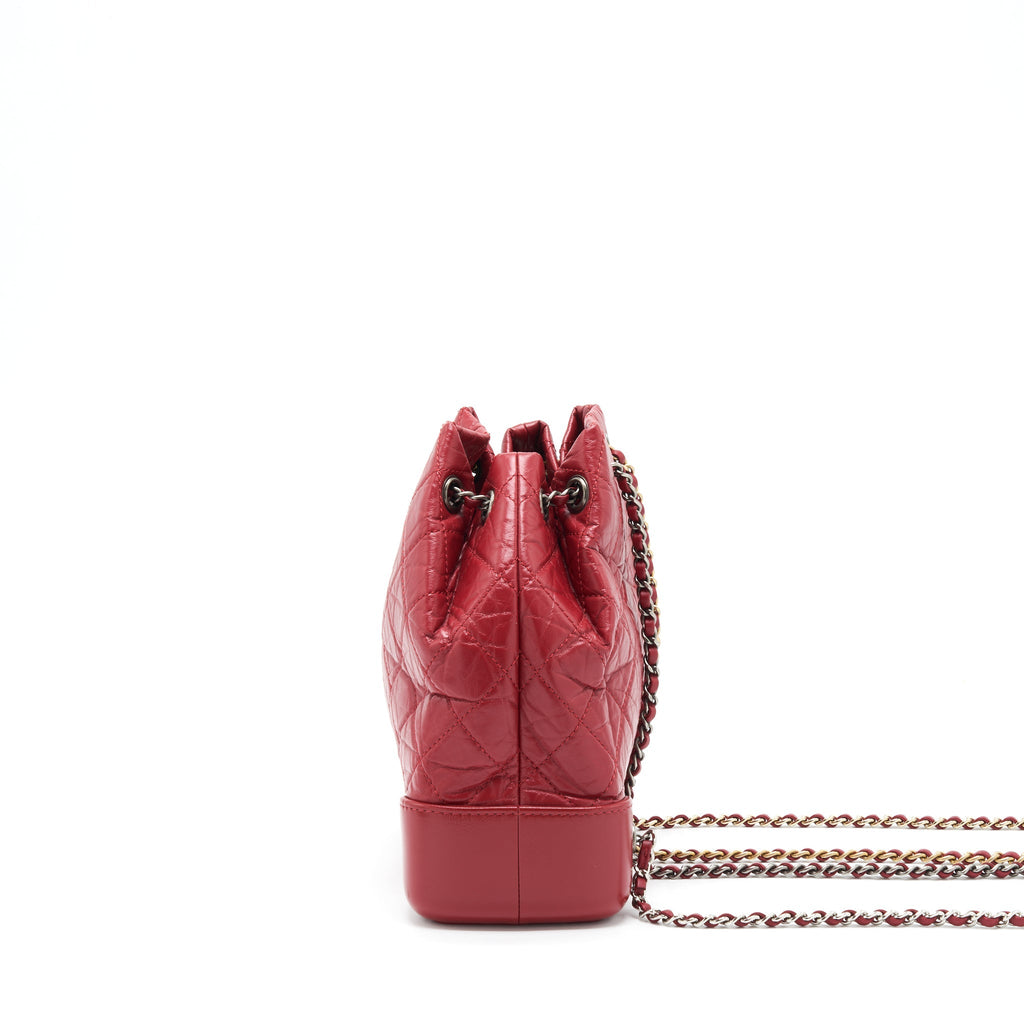 CHANEL SMALL GABRIELLE BACKPACK AGED CALFSKIN RED WITH RUTHENIUM GOLD/SLIVER HARDWARE