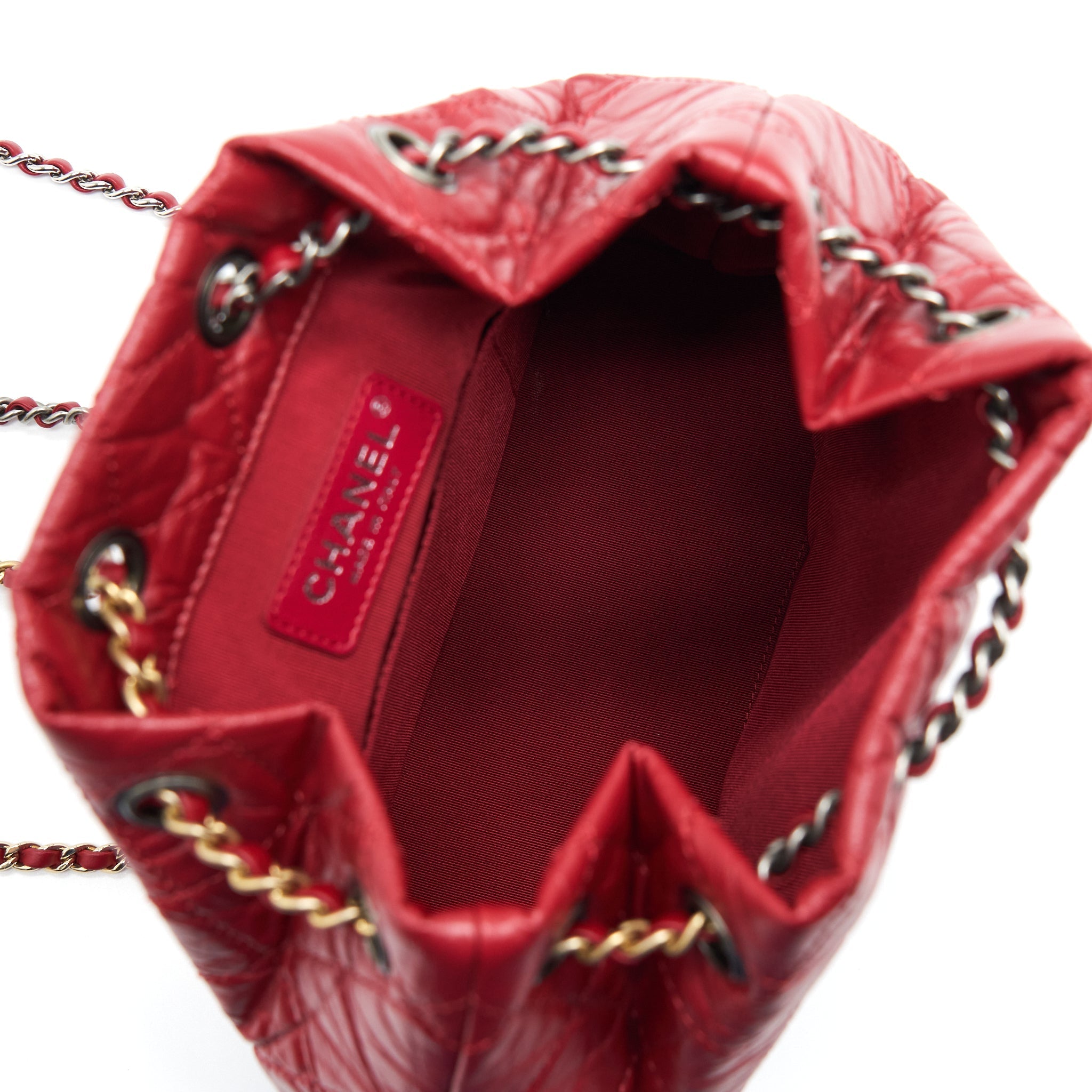 CHANEL SMALL GABRIELLE BACKPACK AGED CALFSKIN RED WITH RUTHENIUM GOLD/SLIVER HARDWARE