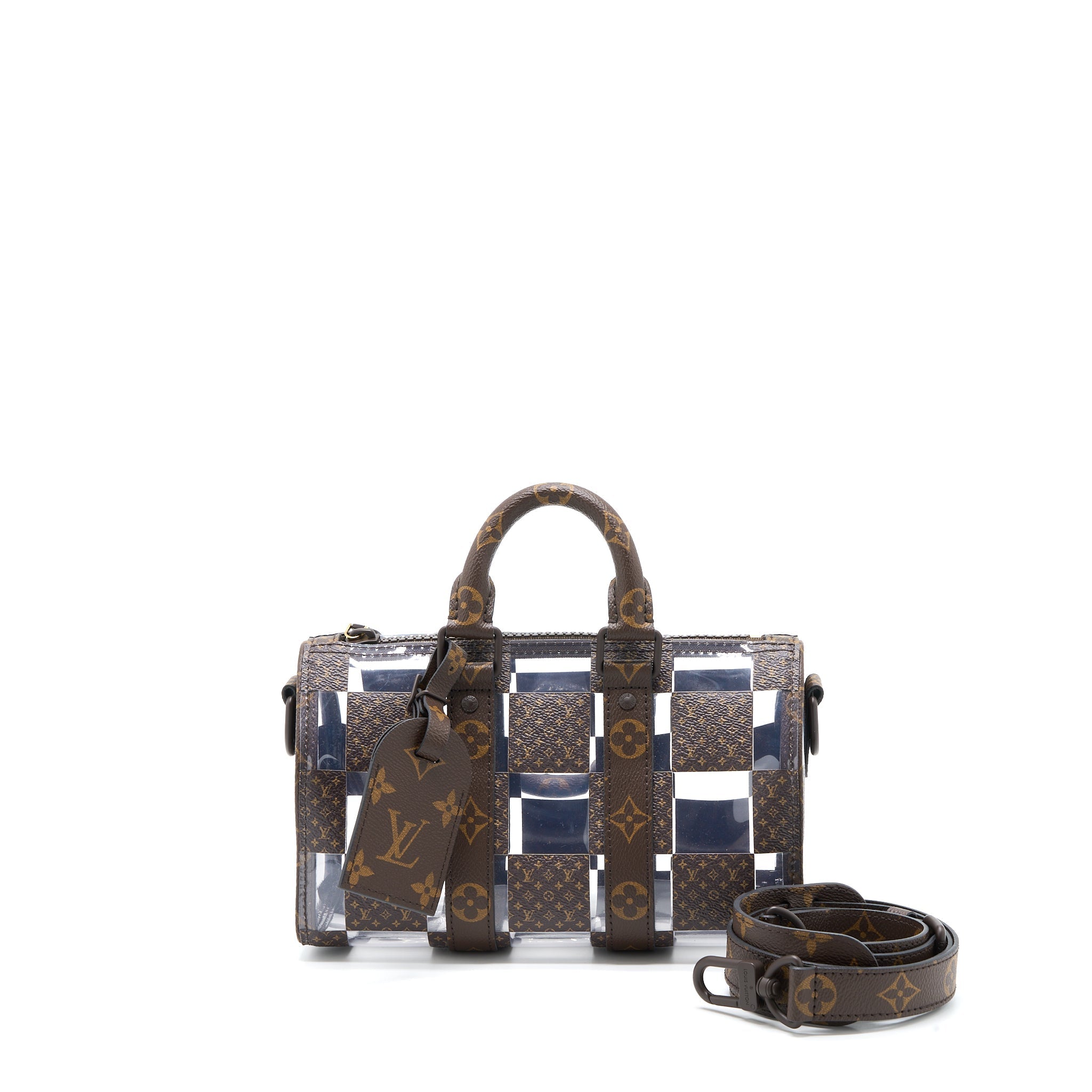 LOUIS VUITTON KEEPALL BANBOULIERE 25 MONOGRAM CHESS MONOGRAM CANVAS/TRANSPARENT PVC BROWN HARDWARE