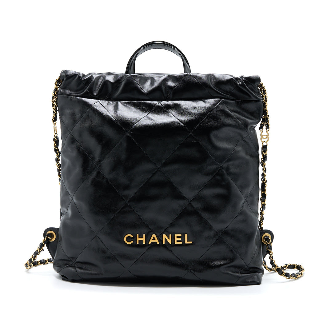 CHANEL 22 BACKPACK SHINY CALFSKIN BLACK BRUSHED GHW (MICROCHIP)