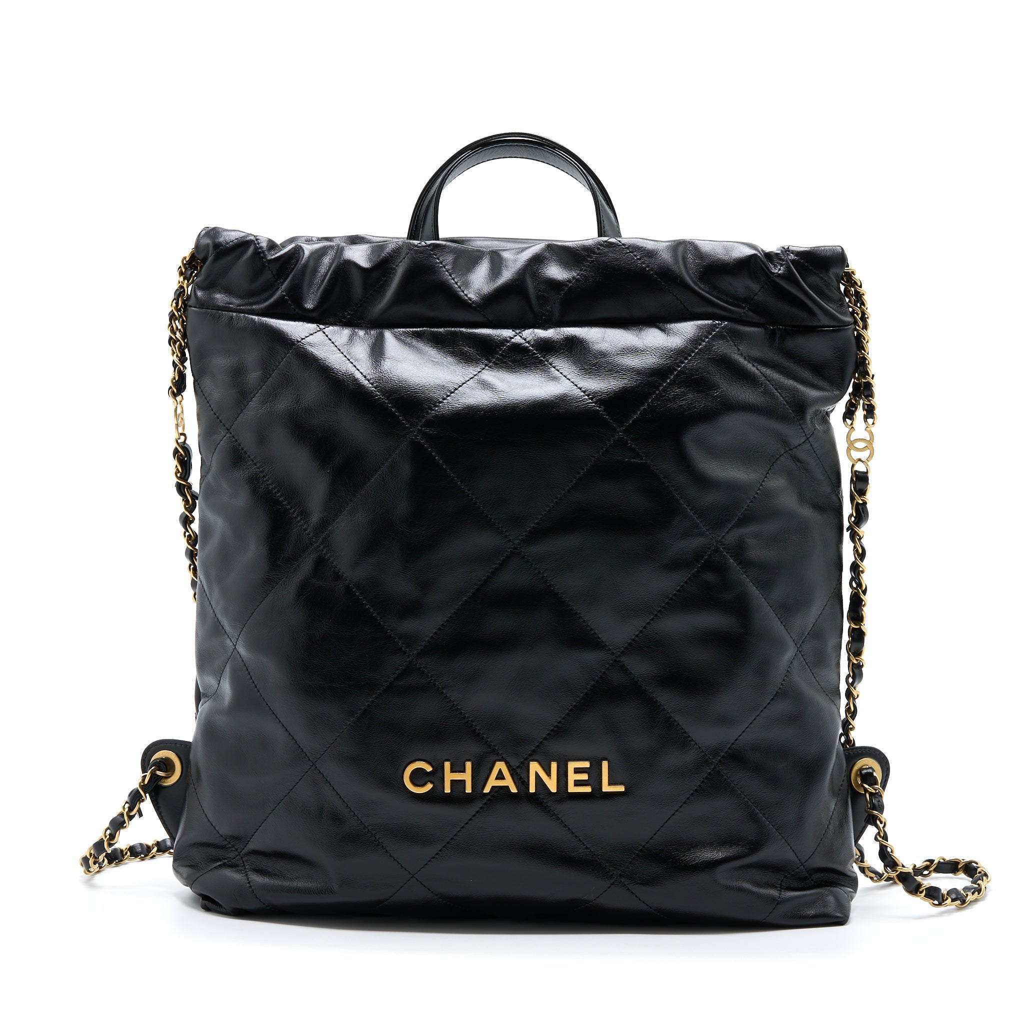 CHANEL 22 BACKPACK SHINY CALFSKIN BLACK BRUSHED GHW (MICROCHIP)