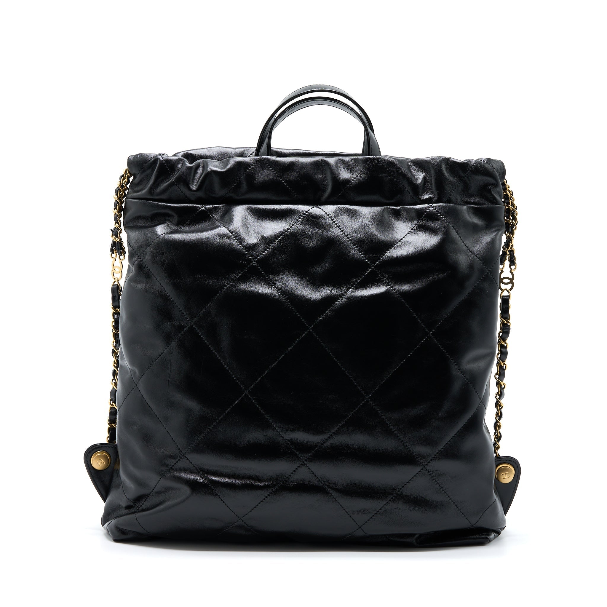 CHANEL 22 BACKPACK SHINY CALFSKIN BLACK BRUSHED GHW (MICROCHIP)