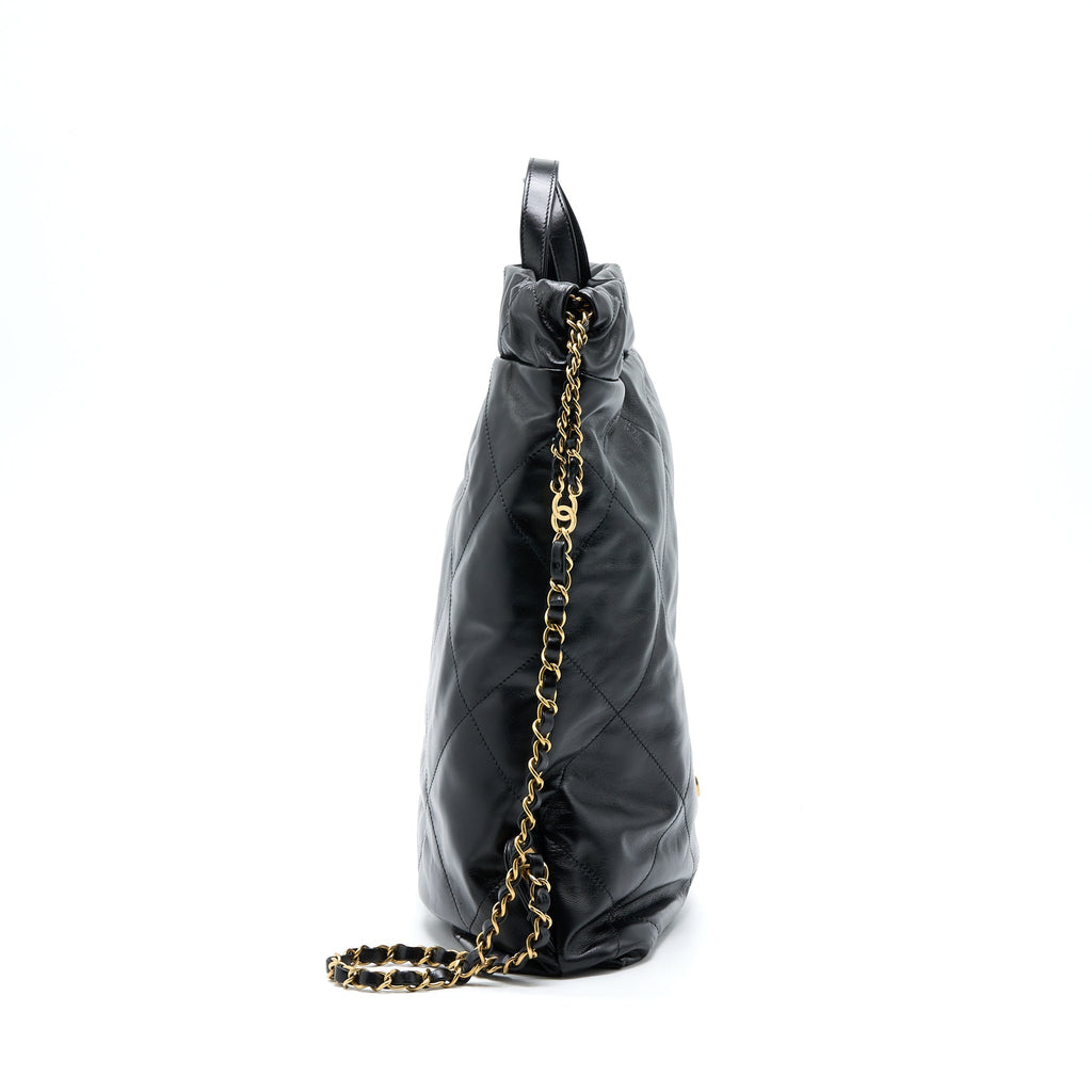 CHANEL 22 BACKPACK SHINY CALFSKIN BLACK BRUSHED GHW (MICROCHIP)