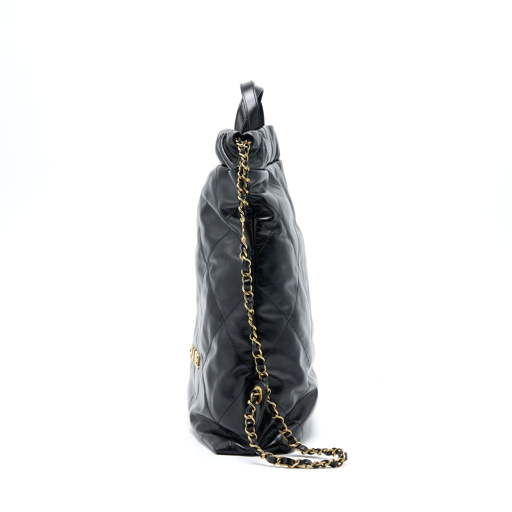 CHANEL 22 BACKPACK SHINY CALFSKIN BLACK BRUSHED GHW (MICROCHIP)