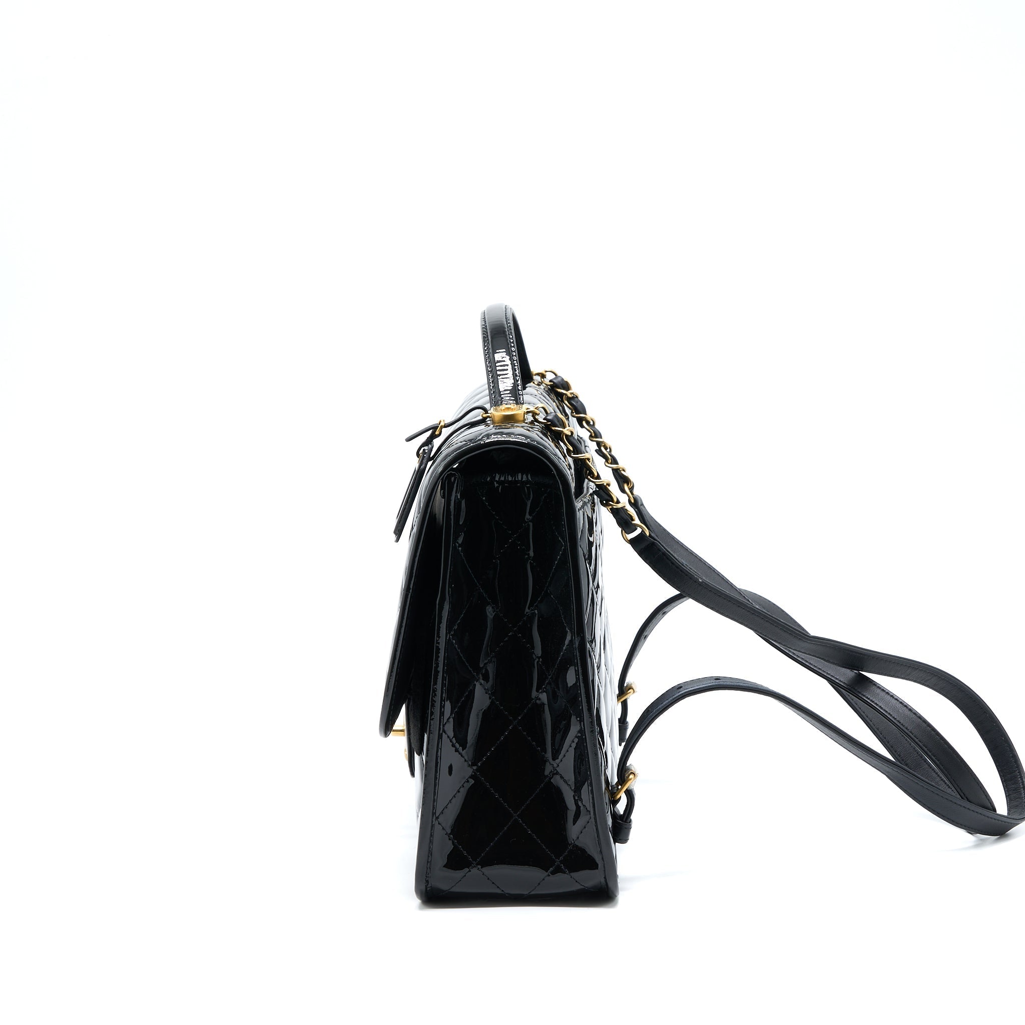 CHANEL 22K LARGE BACKPACK PATENT BLACK BRUSHED GHW (MICROCHIP)