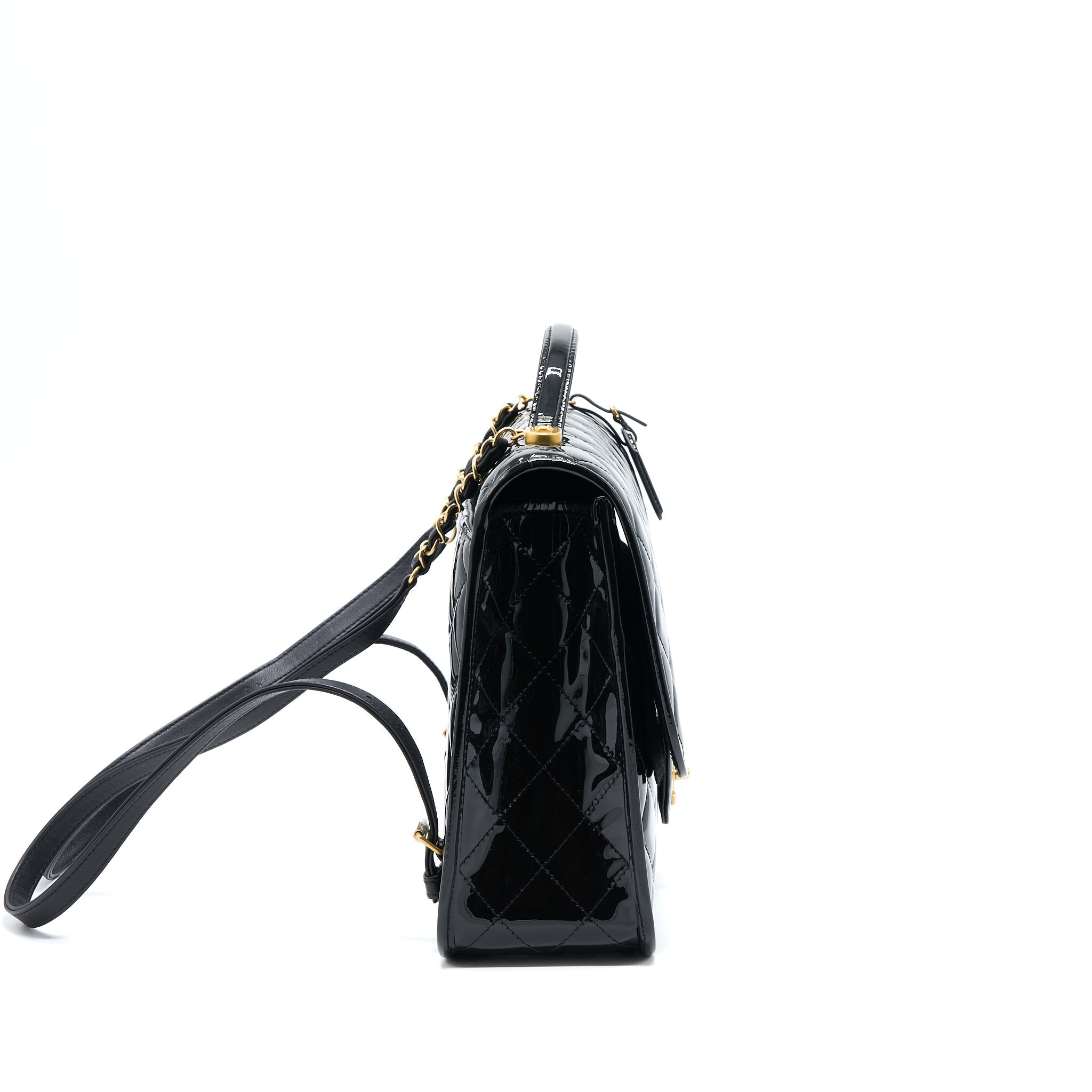 CHANEL 22K LARGE BACKPACK PATENT BLACK BRUSHED GHW (MICROCHIP)