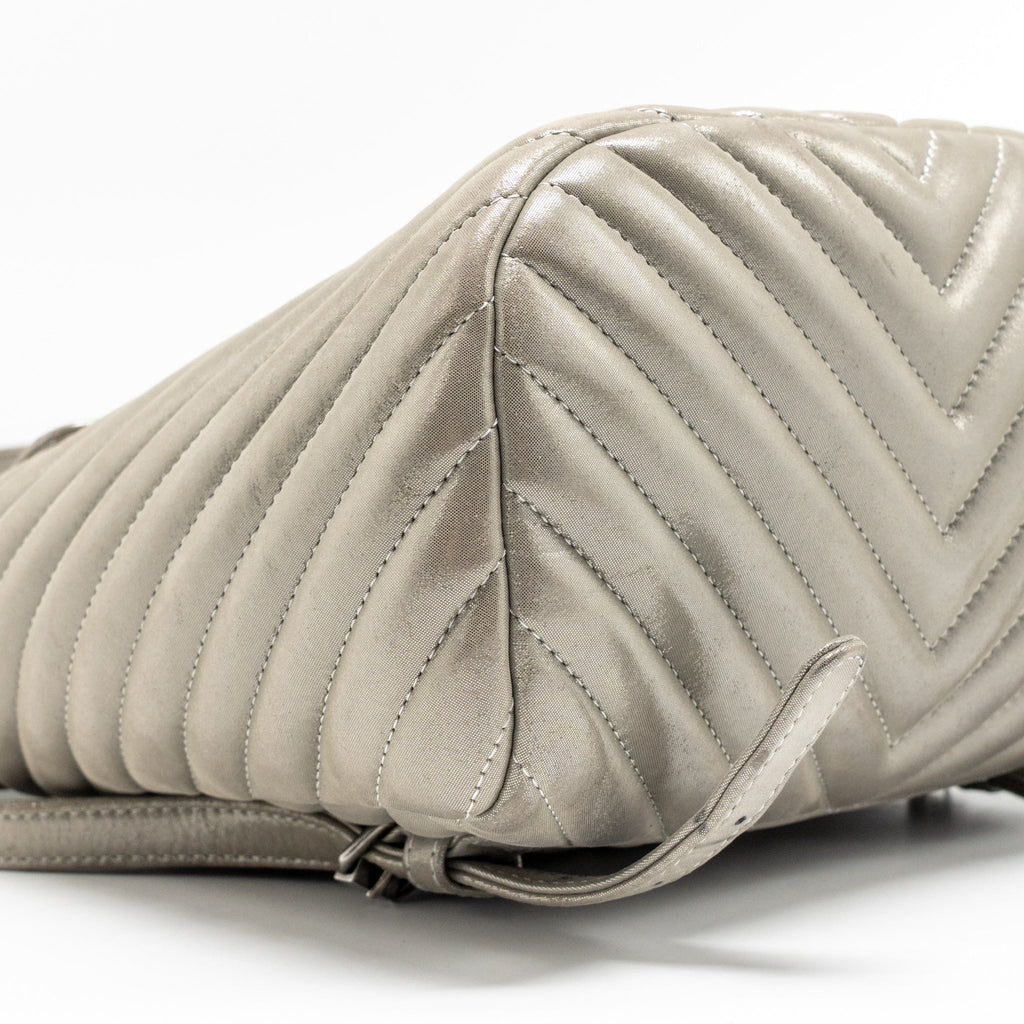 CHANEL SMALL URBAN SPIRIT BACKPACK CHEVRON CALFSKIN IRIDESCENT LIGHT GREY RUTHENIUM HARDWARE