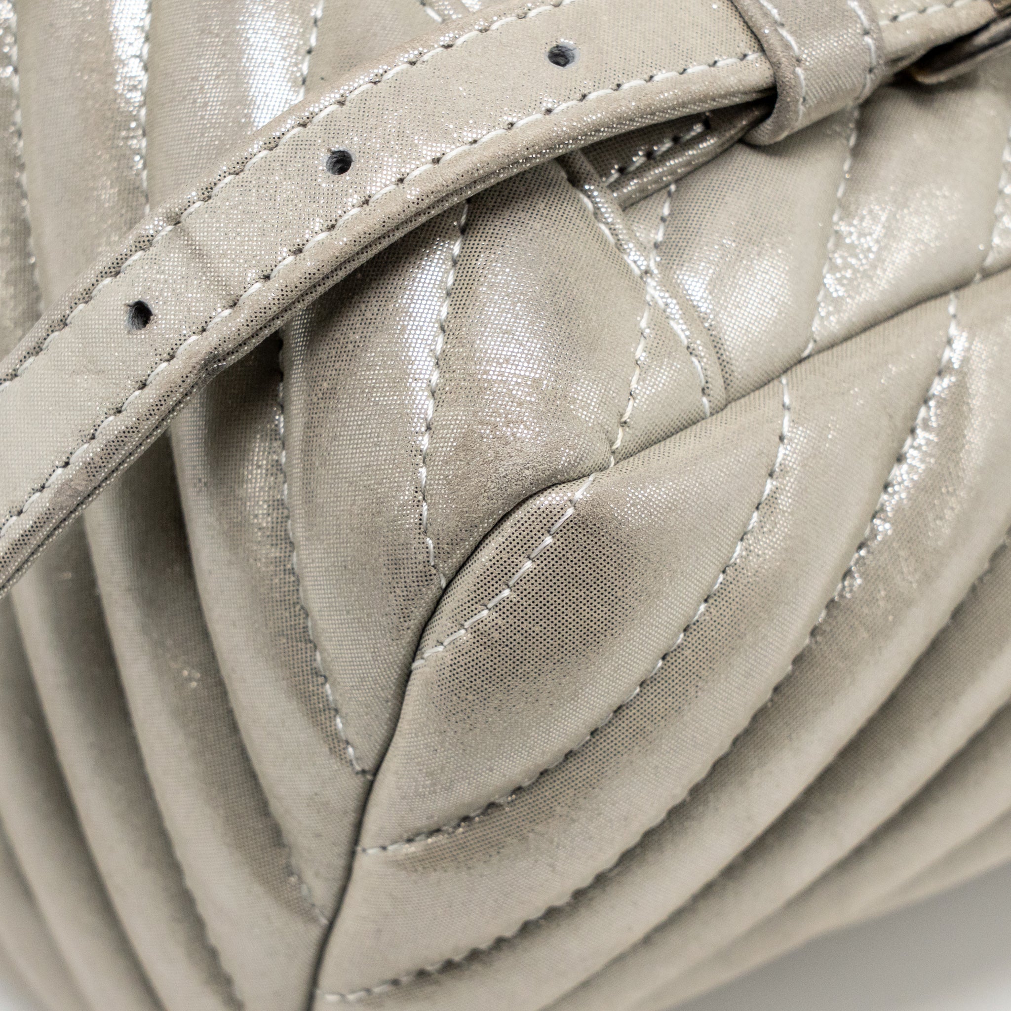 CHANEL SMALL URBAN SPIRIT BACKPACK CHEVRON CALFSKIN IRIDESCENT LIGHT GREY RUTHENIUM HARDWARE