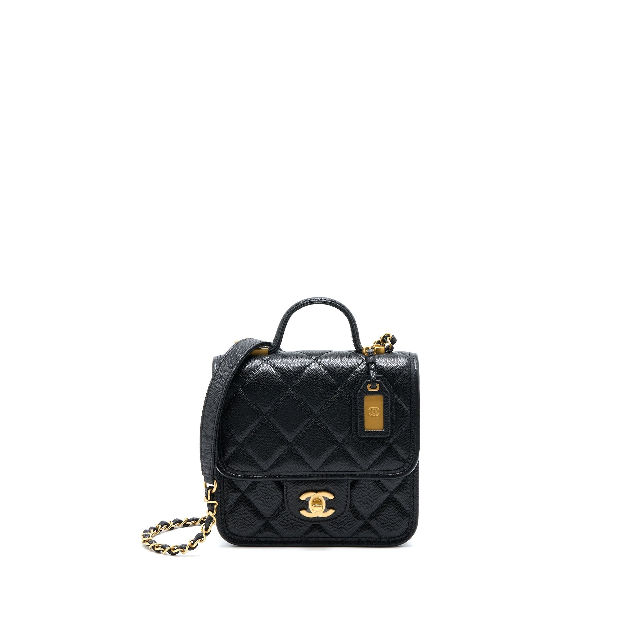 CHANEL 22K TOP HANDLE MESSENGER BAG CAVIAR BLACK BRUSHED GHW(MICROCHIP)