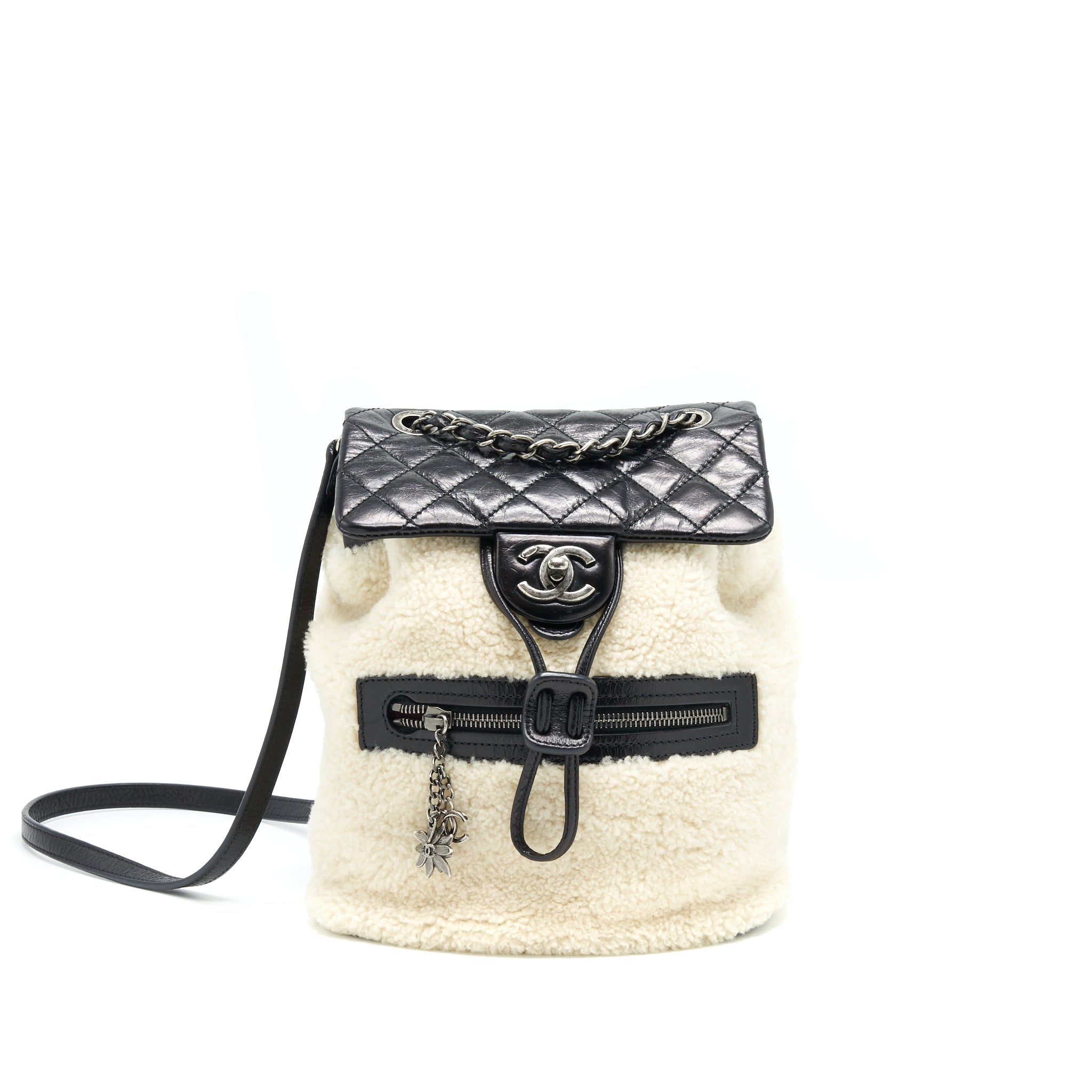 CHANEL MOUNTAIN SMALL BACKPACK SHEARLING WITH QUILTED CALFSKIN RUTHENIUM HARDWARE