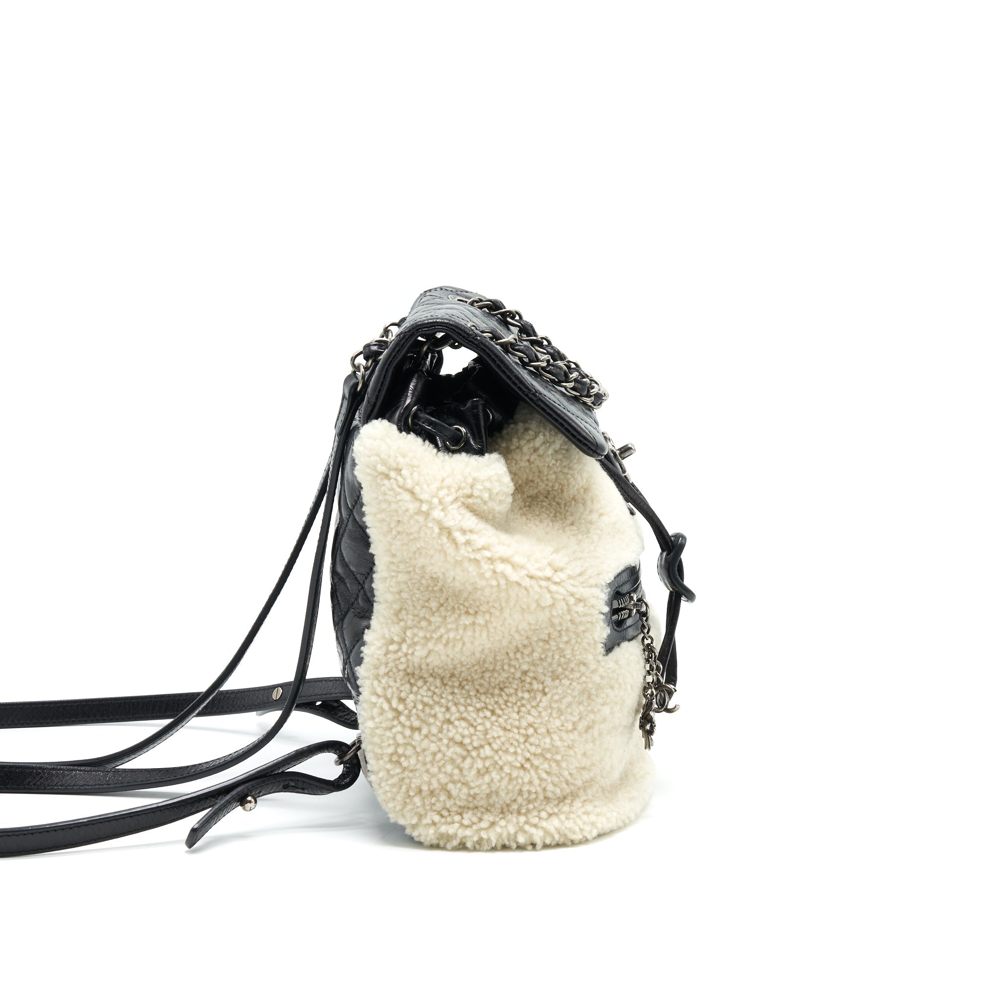 CHANEL MOUNTAIN SMALL BACKPACK SHEARLING WITH QUILTED CALFSKIN RUTHENIUM HARDWARE