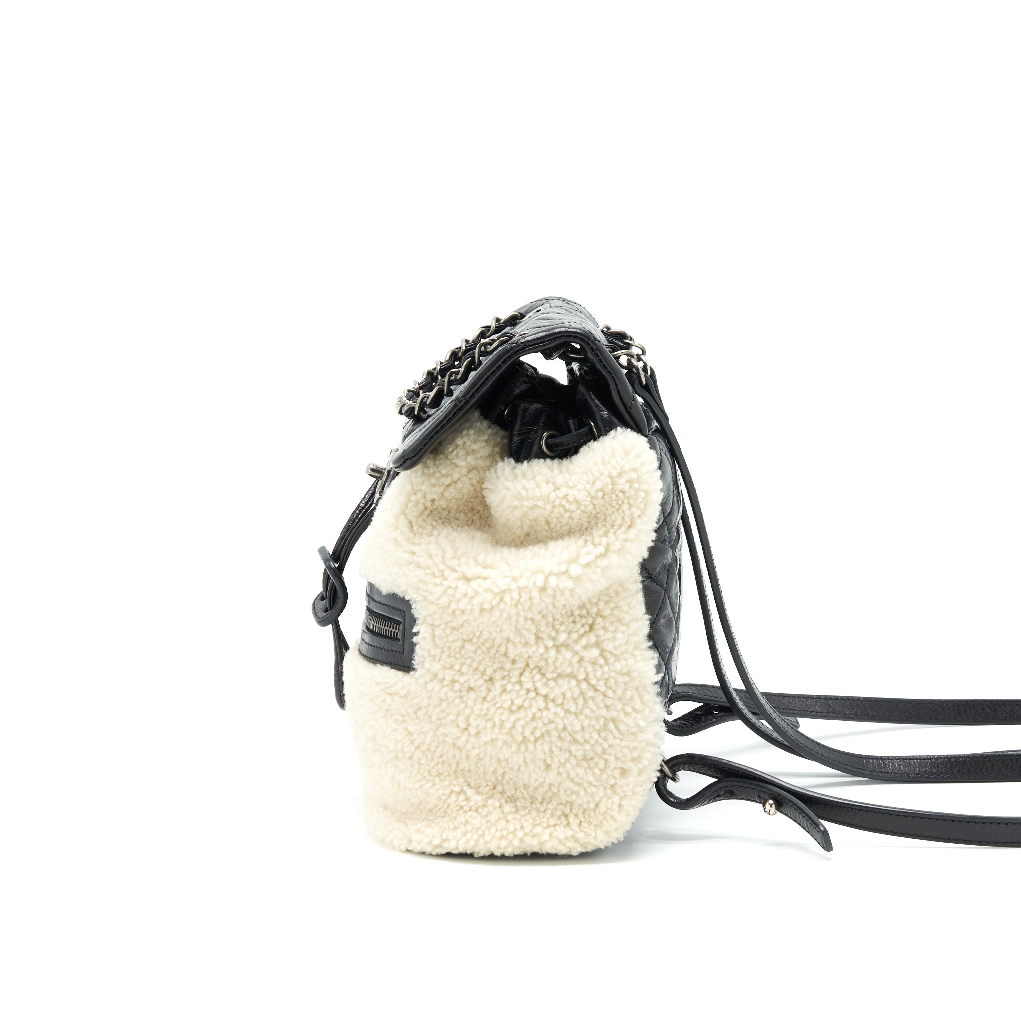 CHANEL MOUNTAIN SMALL BACKPACK SHEARLING WITH QUILTED CALFSKIN RUTHENIUM HARDWARE