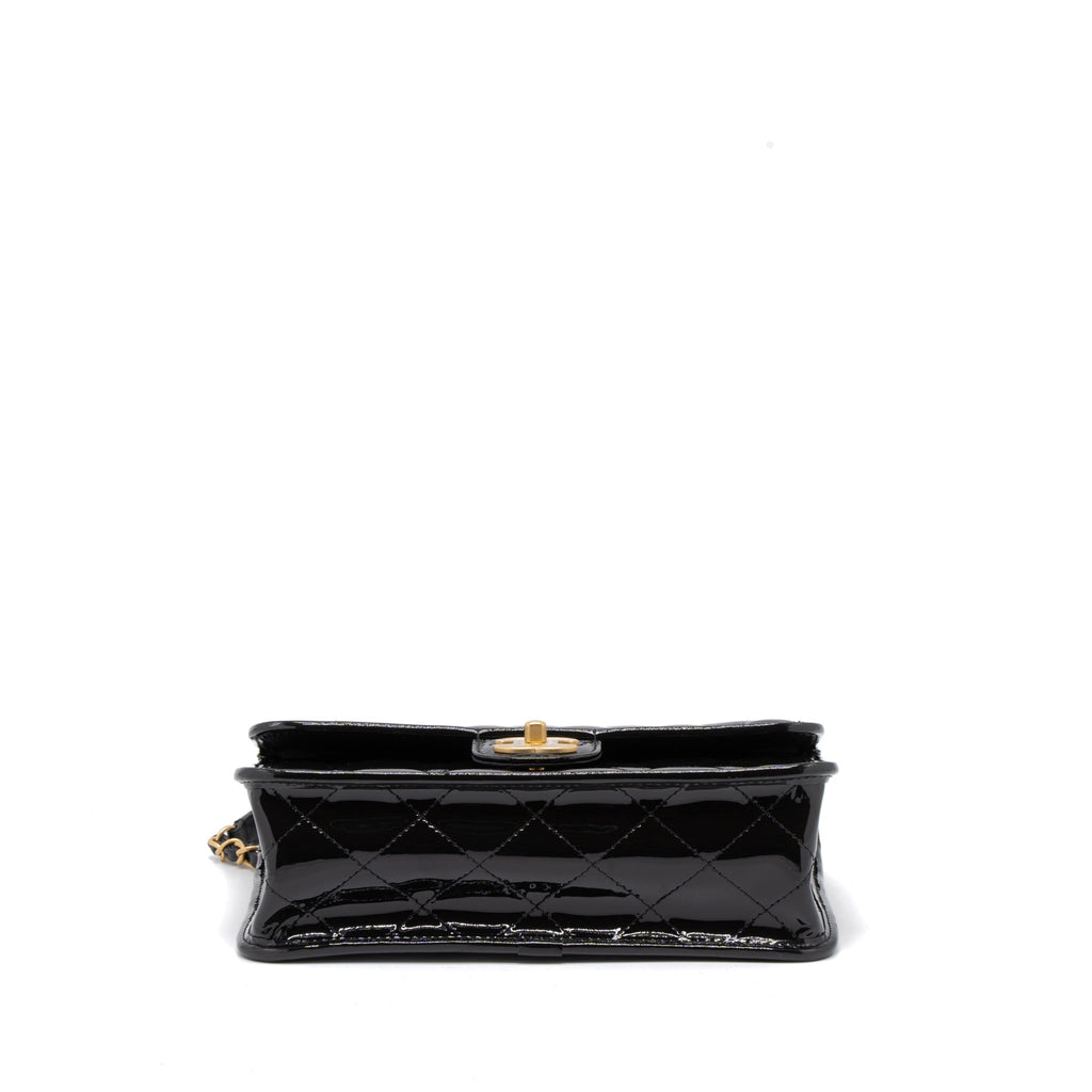 CHANEL 22K TOP HANDLE MESSENGER BAG PATENT LEATHER BLACK BRUSHED GHW (MICROCHIP)