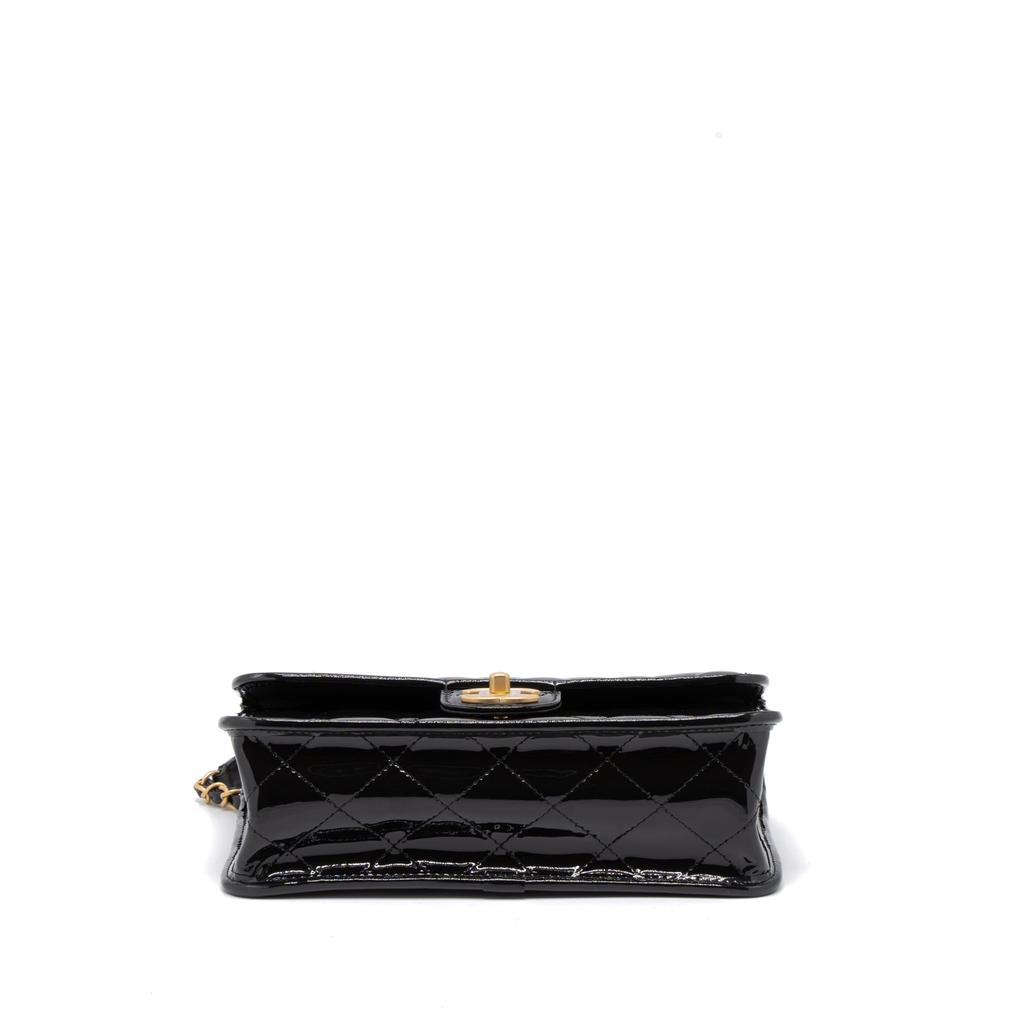 CHANEL 22K TOP HANDLE MESSENGER BAG PATENT LEATHER BLACK BRUSHED GHW (MICROCHIP)