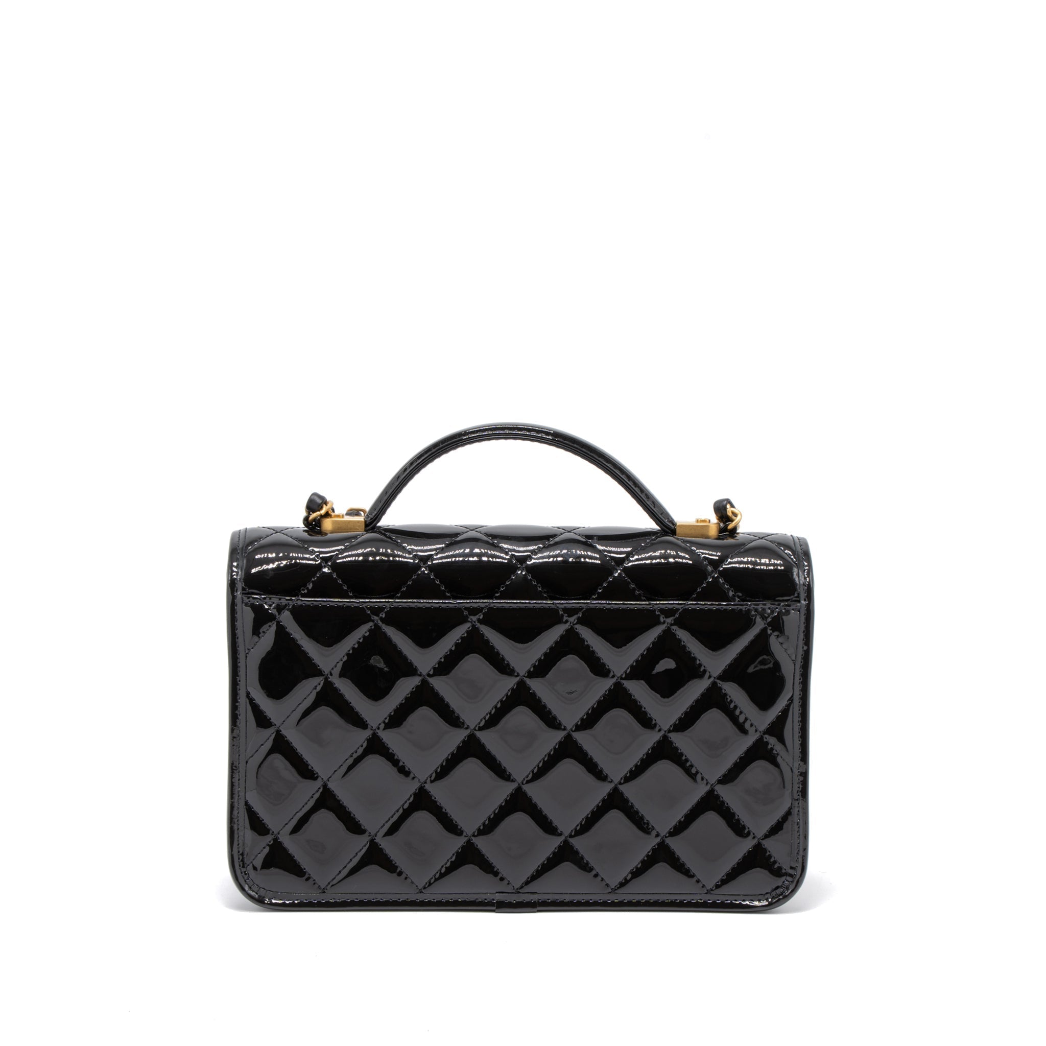 CHANEL 22K TOP HANDLE MESSENGER BAG PATENT LEATHER BLACK BRUSHED GHW (MICROCHIP)