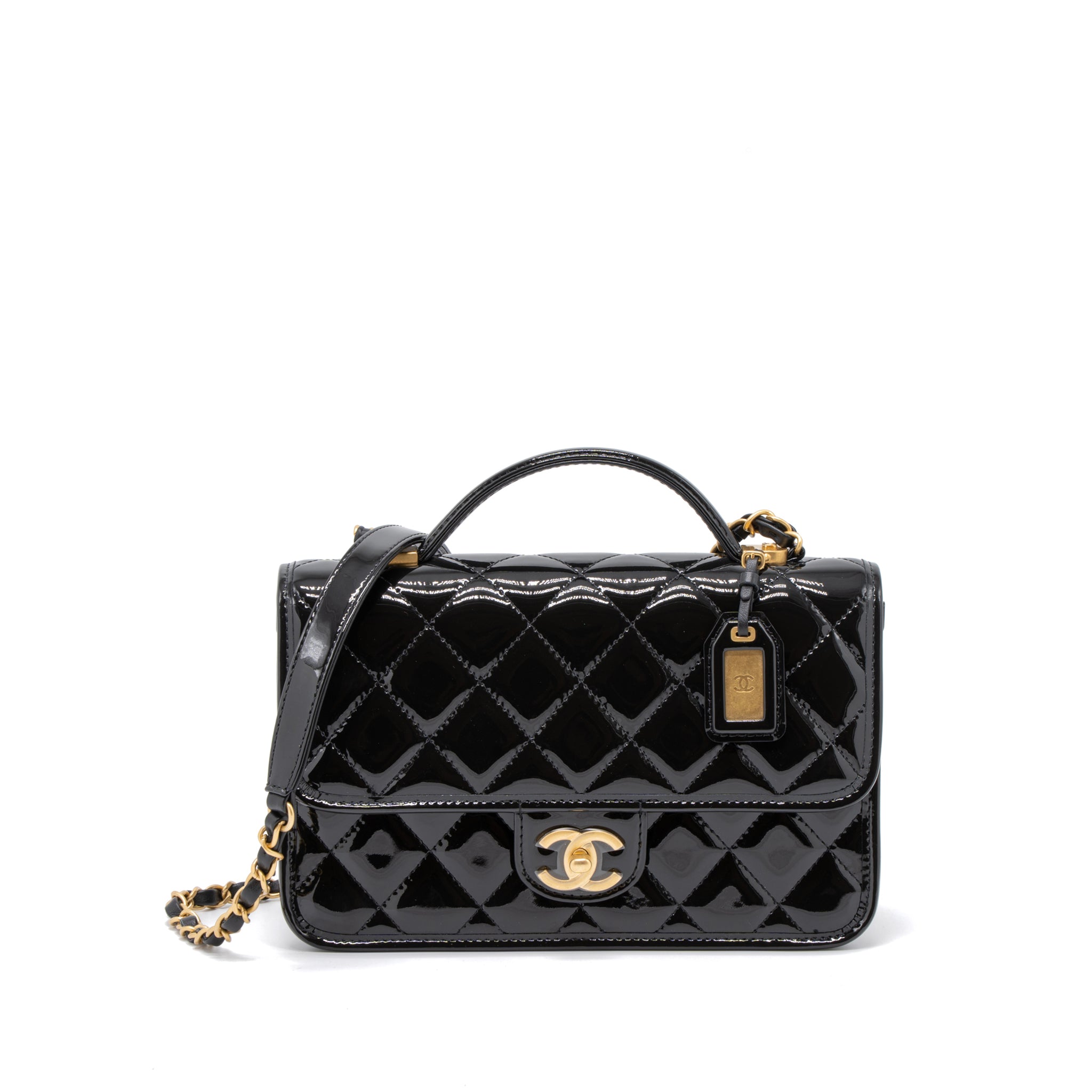 CHANEL 22K TOP HANDLE MESSENGER BAG PATENT LEATHER BLACK BRUSHED GHW (MICROCHIP)