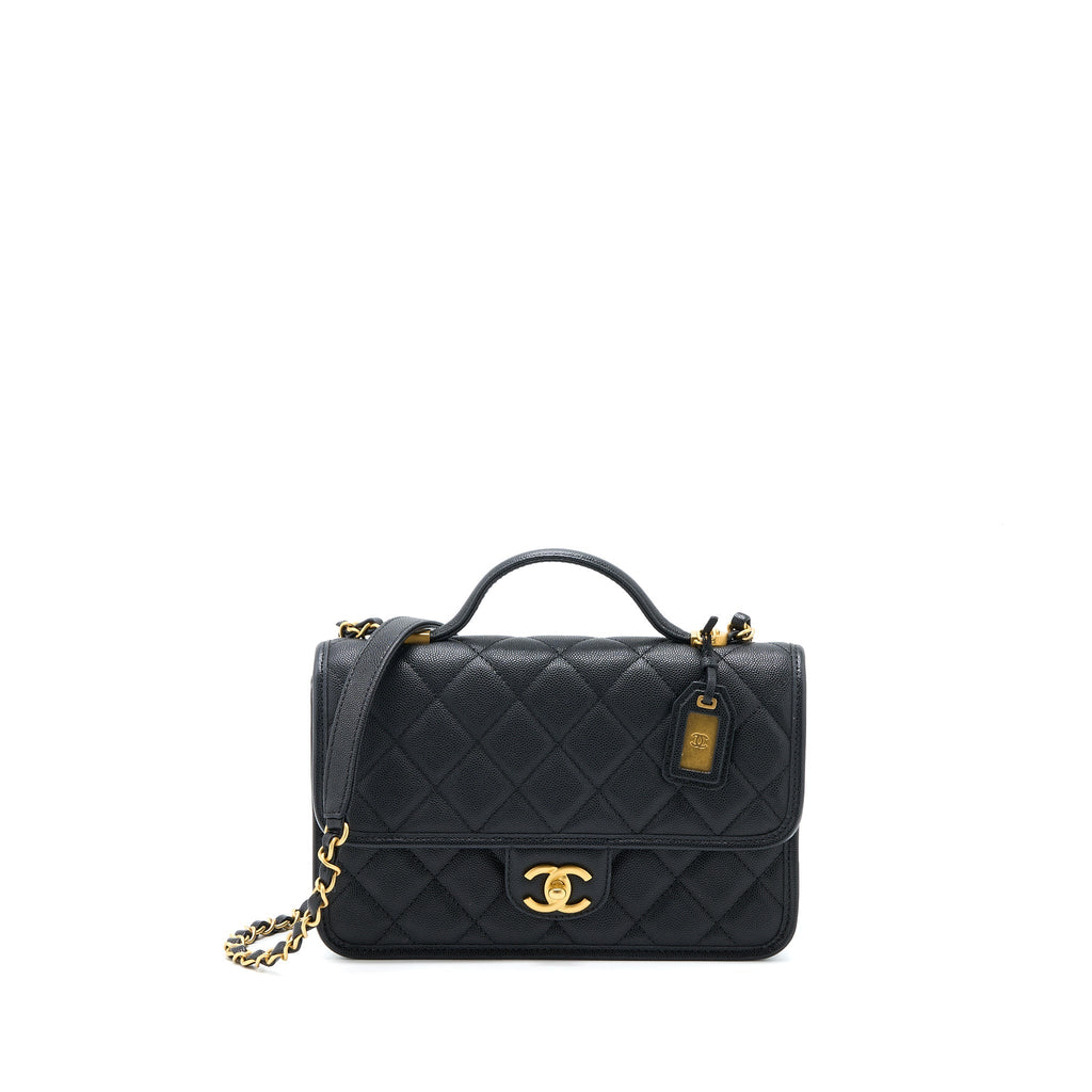 CHANEL 22K TOP HANDLE MESSENGER BAG CAVIAR BLACK BRUSHED GHW (MICROCHIP)