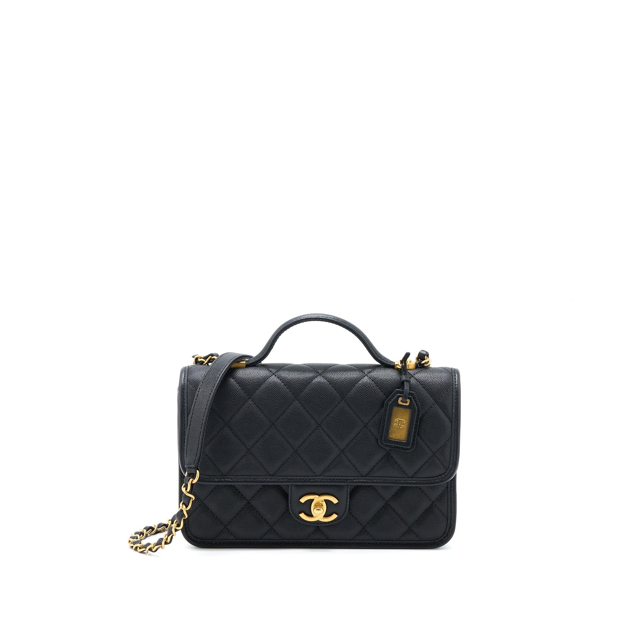 CHANEL 22K TOP HANDLE MESSENGER BAG CAVIAR BLACK BRUSHED GHW (MICROCHIP)
