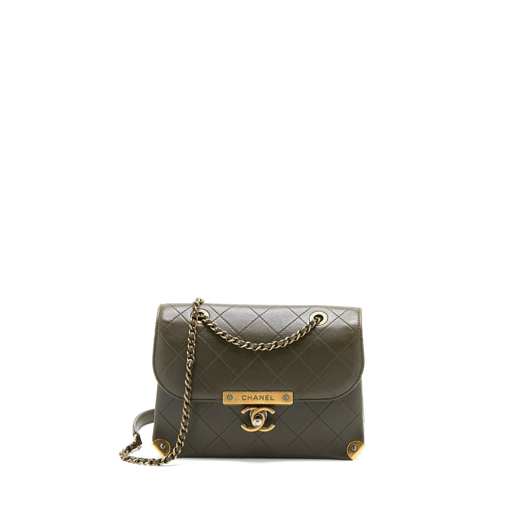 CHANEL MESSENGER FLAP BAG LAMBSKIN OLIVE GREEN RUTHENIUM GHW