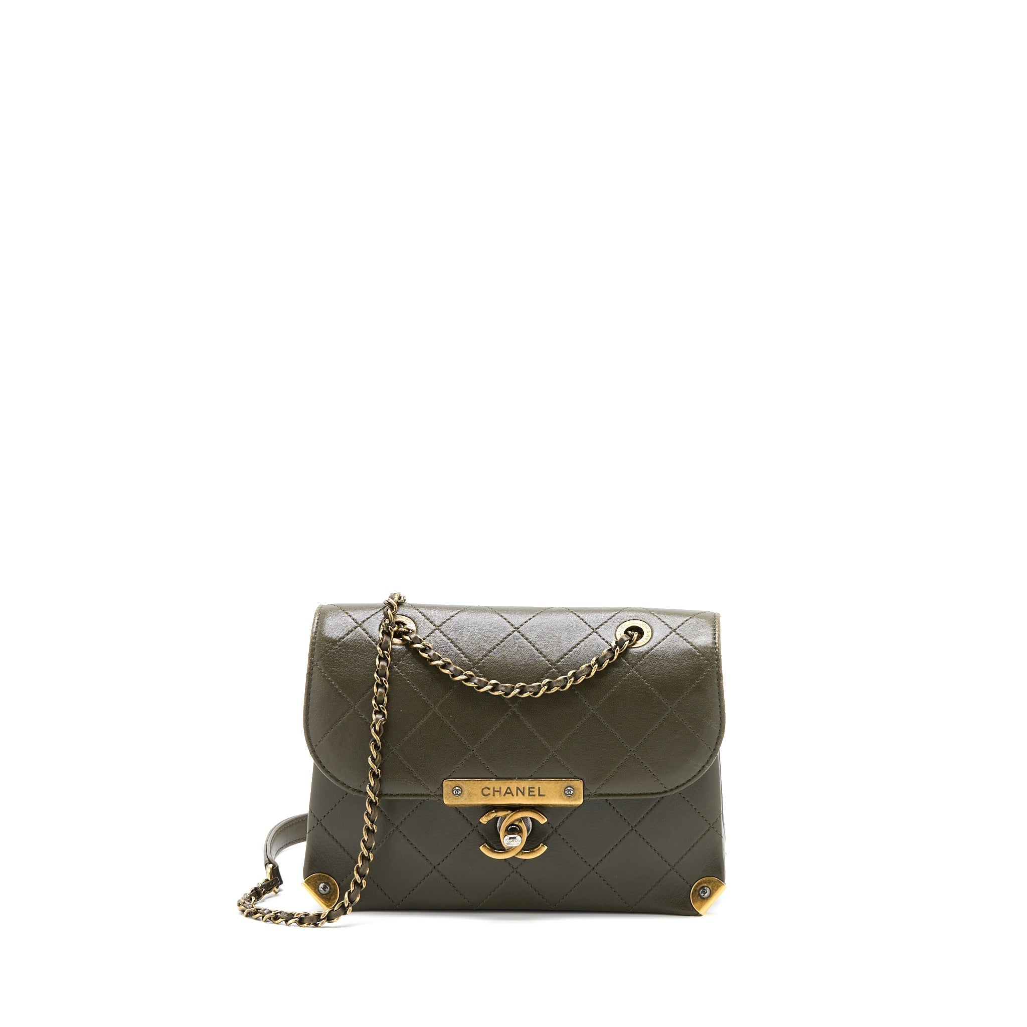 CHANEL MESSENGER FLAP BAG LAMBSKIN OLIVE GREEN RUTHENIUM GHW