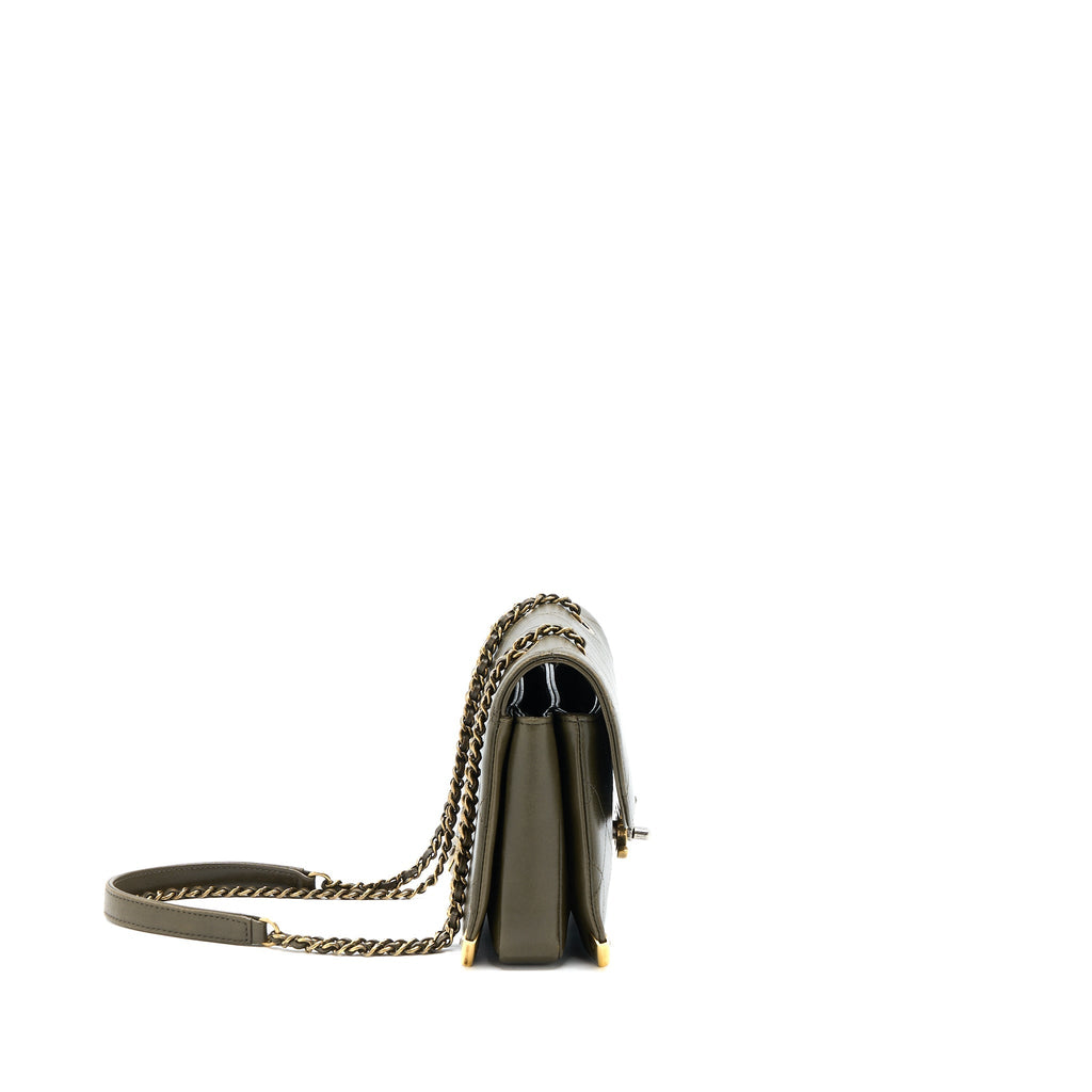 CHANEL MESSENGER FLAP BAG LAMBSKIN OLIVE GREEN RUTHENIUM GHW