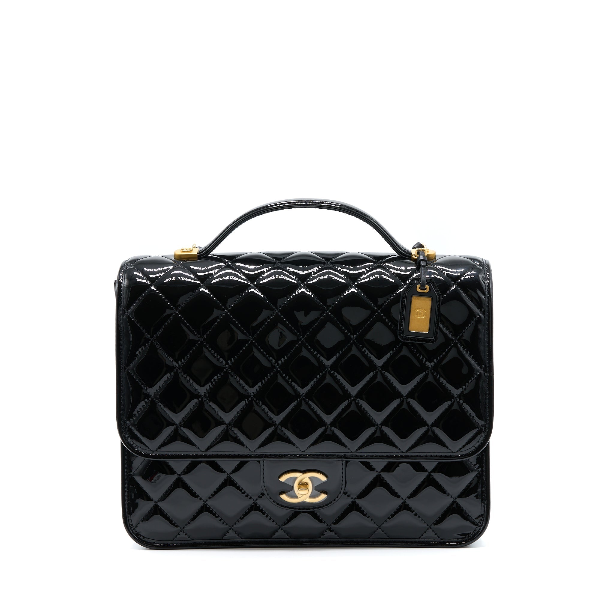 CHANEL 22K LARGE BACKPACK PATENT BLACK BRUSHED GHW (MICROCHIP)