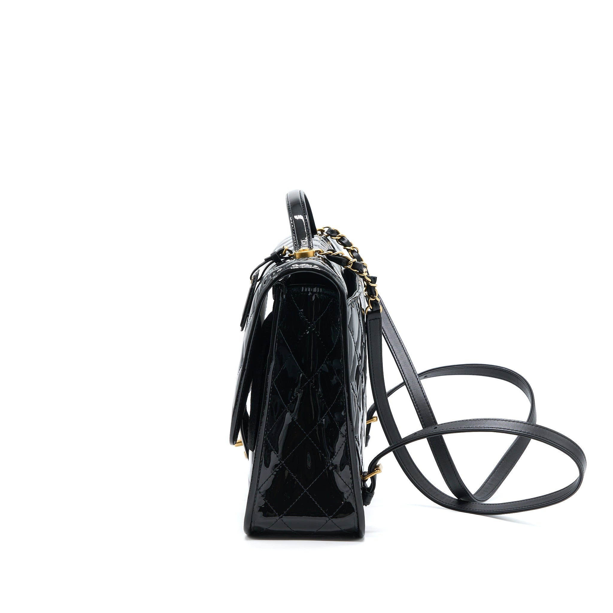 CHANEL 22K LARGE BACKPACK PATENT BLACK BRUSHED GHW (MICROCHIP)